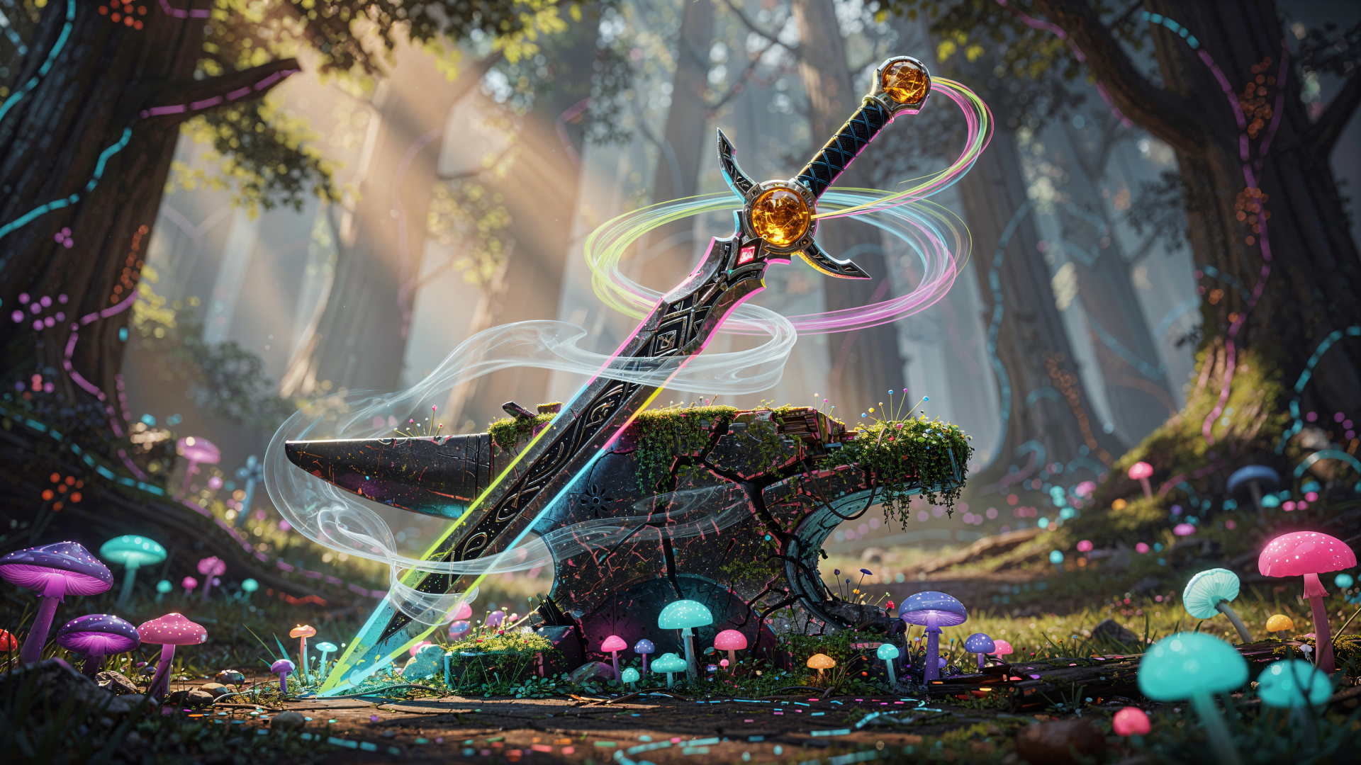 4K Ultra HD PC desktop wallpaper and background - an enchanted sword thrust into a mossy anvil in a sunlit forest, luminescent mushrooms and swirling magic ribbons around the blade.