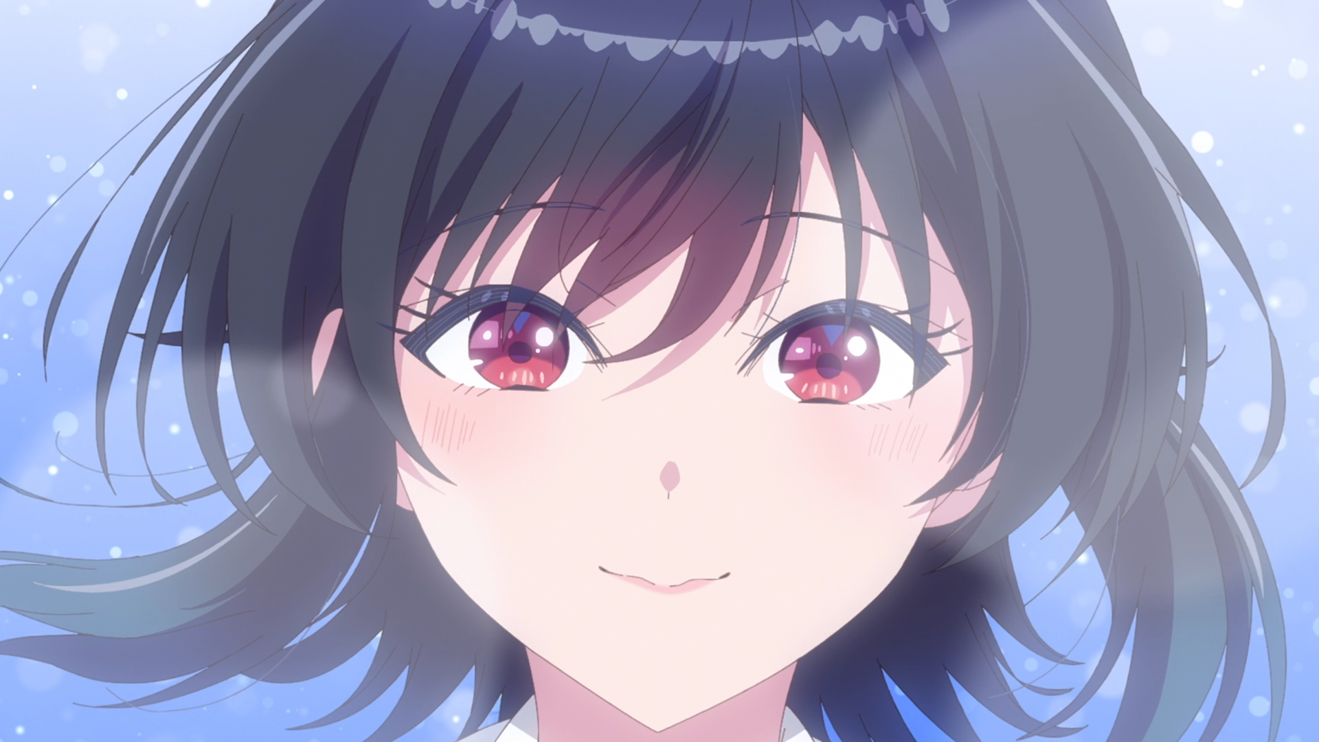 HD PC desktop wallpaper of Umi Asanagi from I Made Friends with the Second Prettiest Girl in My Class — close-up smiling, pink eyes, short dark hair and soft blue sparkled background.