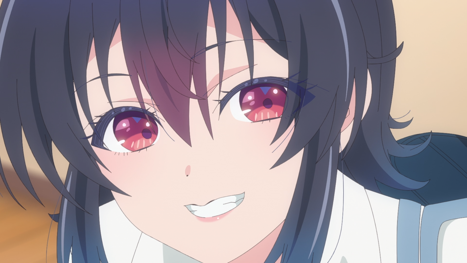 HD PC wallpaper close-up of Umi Asanagi from anime I Made Friends with the Second Prettiest Girl in My Class: dark hair, pink-red eyes, warm playful smile.