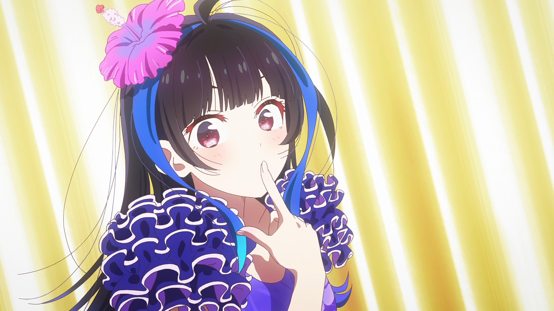 HD PC anime desktop wallpaper of Mini Yaemori from Rent-A-Girlfriend, colorful stage lights, frilly purple outfit and a playful pose.