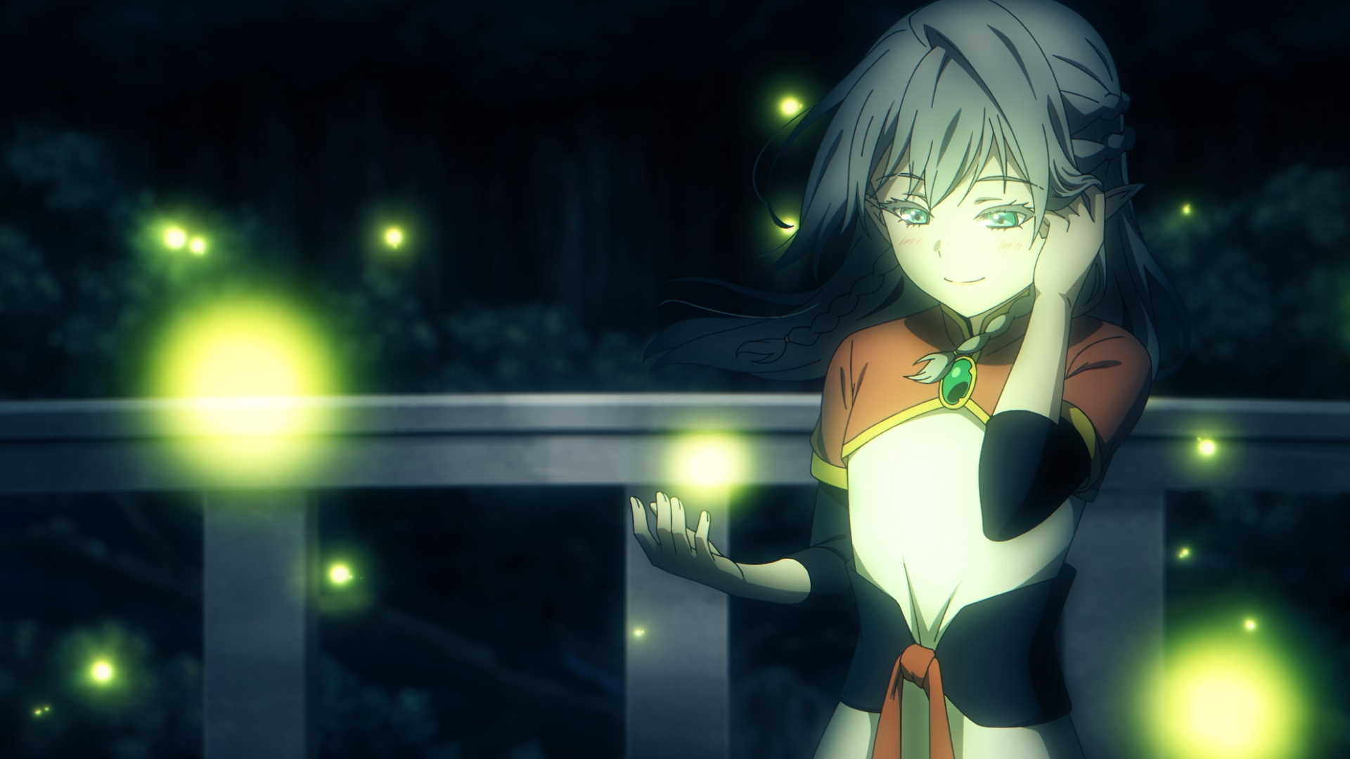 HD desktop wallpaper of Tessia Eralith (The Beginning After The End) on a night balcony, softly cradling glowing green motes of light.