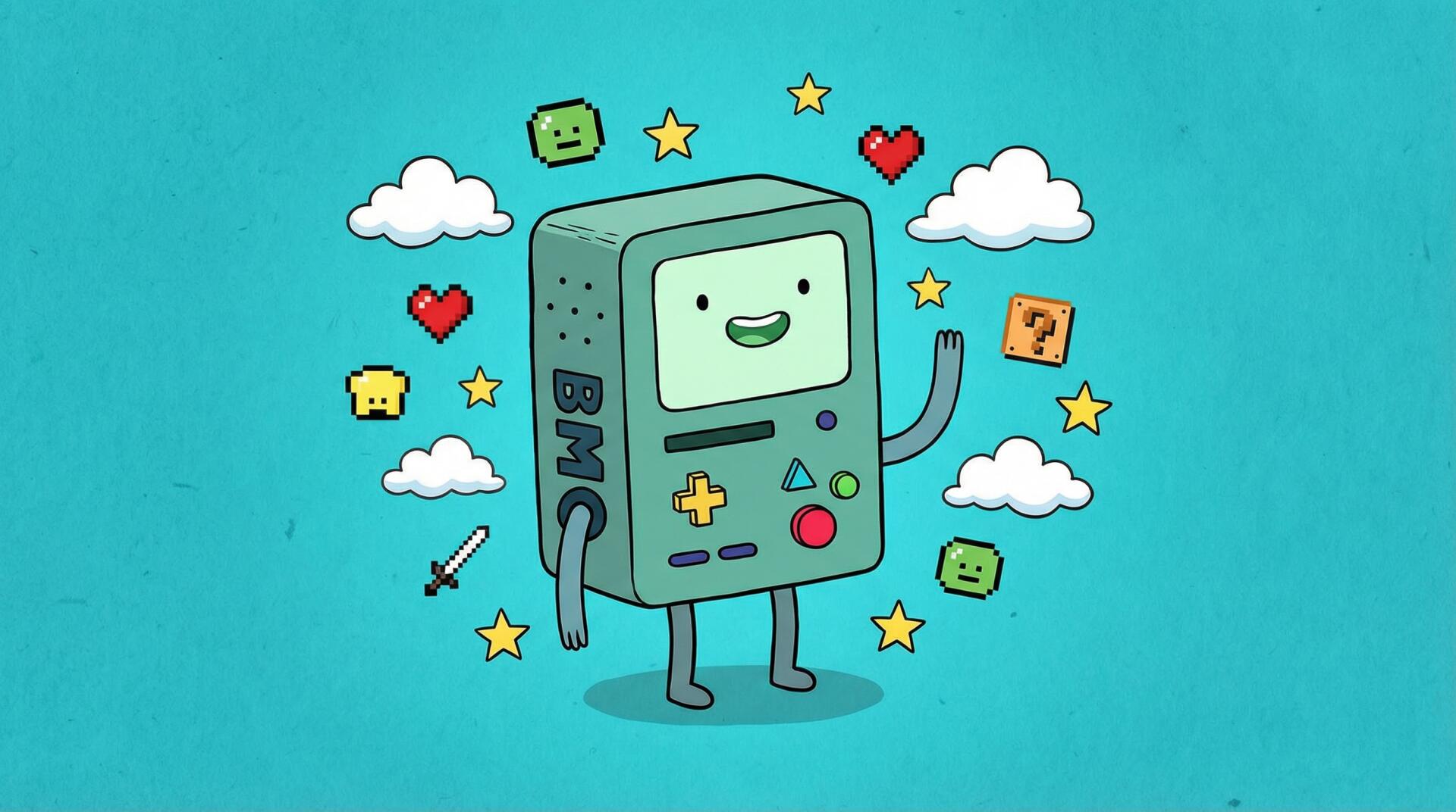 2K Quad HD PC desktop wallpaper of Adventure Time TV show character BMO, smiling on a teal background surrounded by clouds, stars, hearts and pixelated game icons.