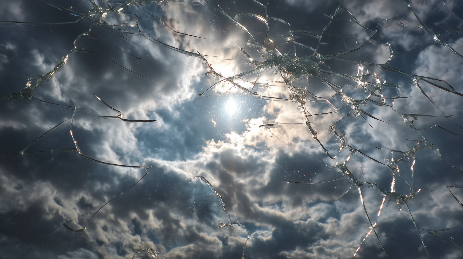 2K Quad HD PC desktop wallpaper/background: sunlit cloudy sky seen through cracked glass and a broken screen, cracks radiating from the center.