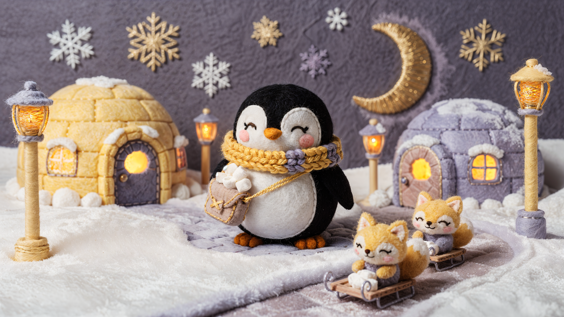 Kawaii winter scene: chubby penguin in a scarf carrying a bag as two foxes sled past lit igloos, snowflakes and crescent moon — 4K Ultra HD PC desktop wallpaper/background.