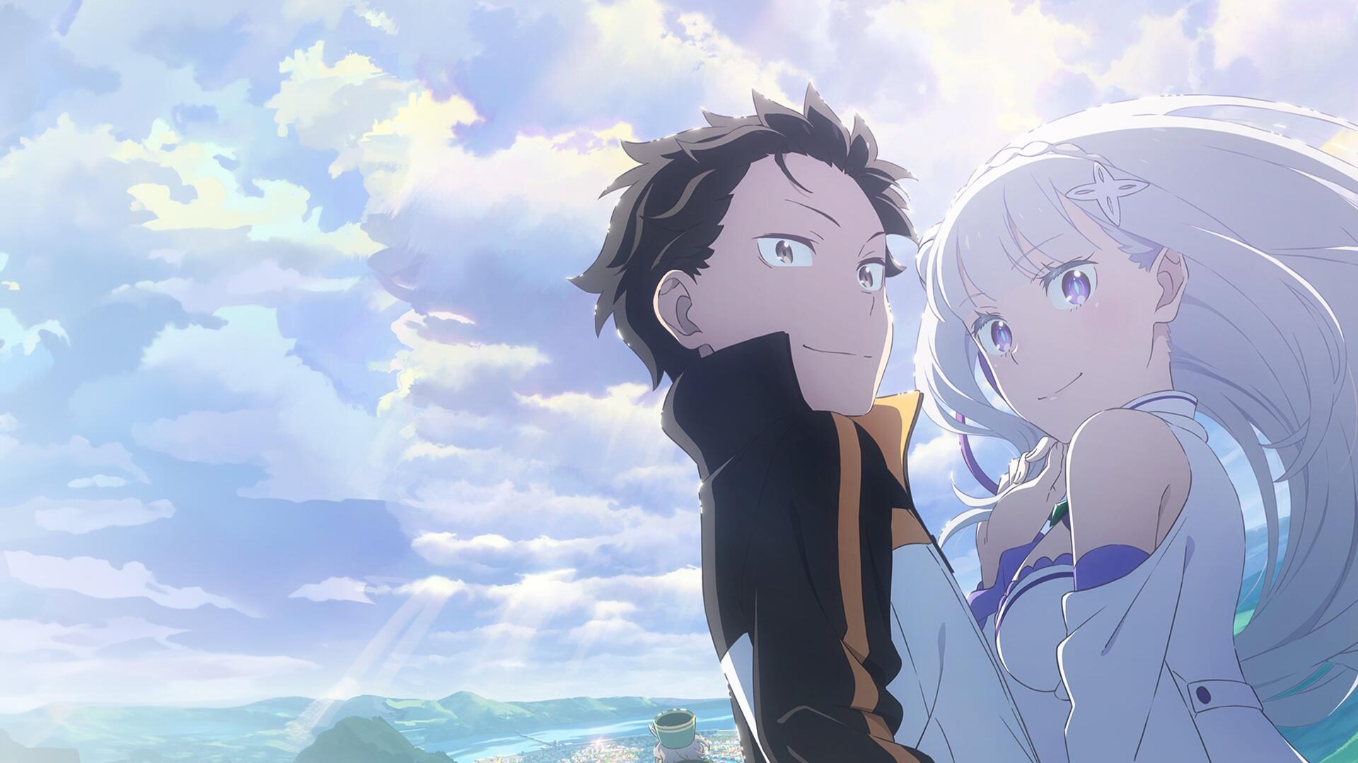 4K Ultra HD Re:Zero - Starting Life in Another World wallpaper showing Subaru and Emilia together beneath a bright sky, high-detail anime PC desktop background.