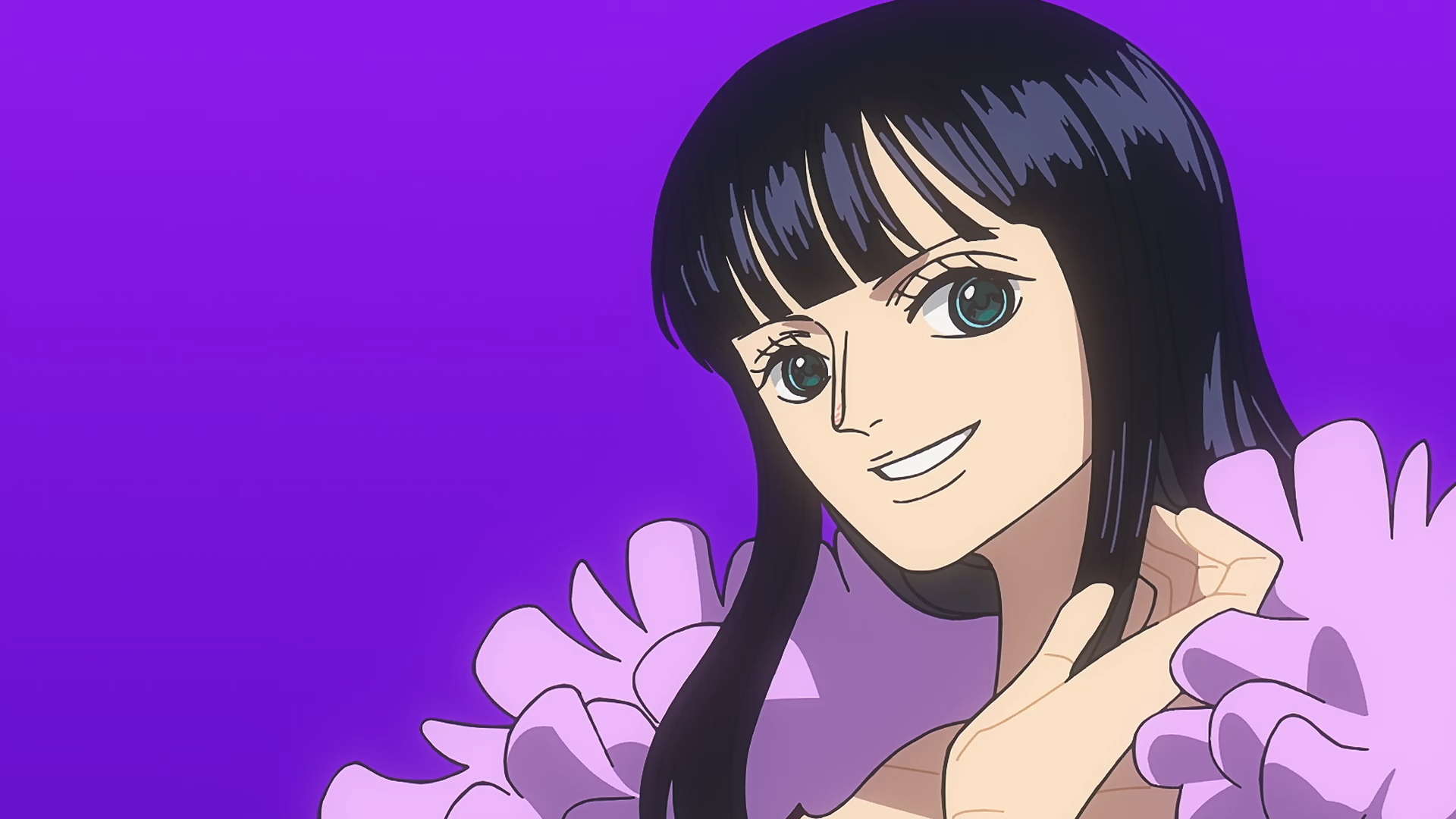 Anime HD PC desktop wallpaper of One Piece's Nico Robin smiling against a purple background, black hair and green eyes, wearing a pink feathered shawl.