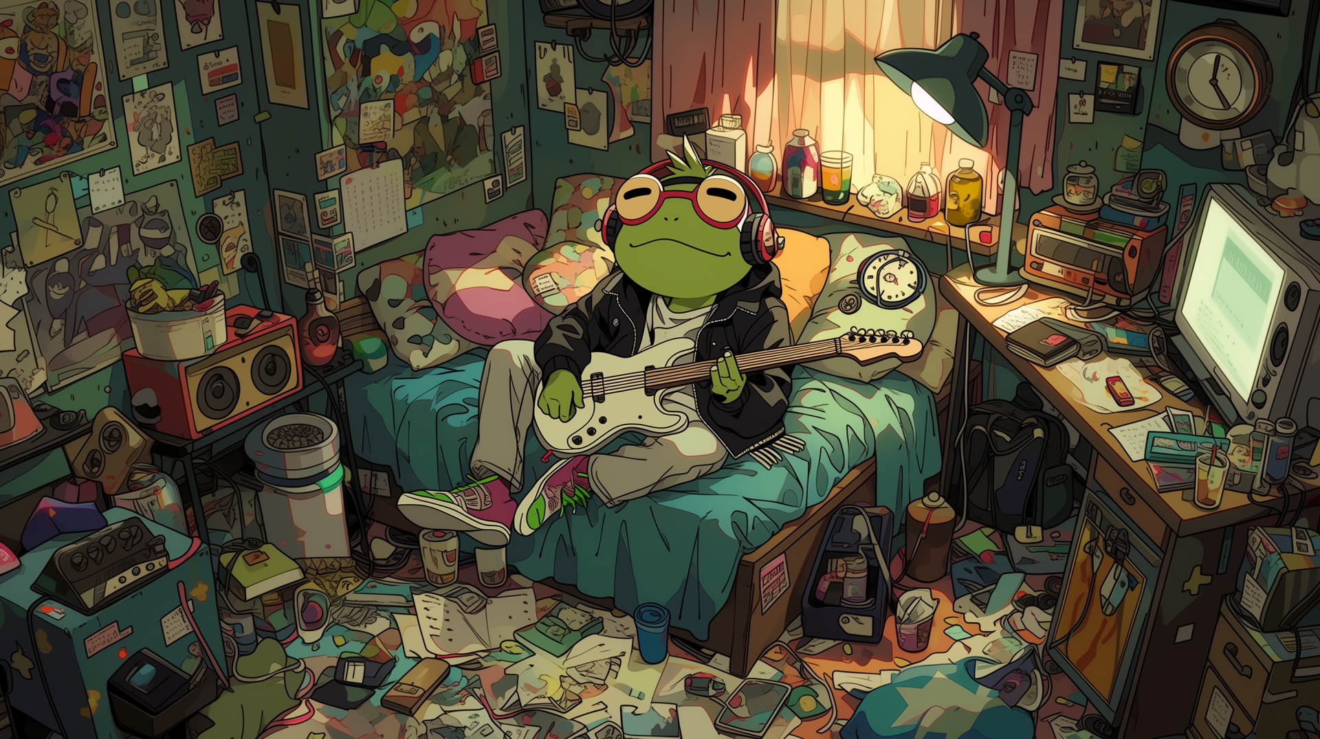 Chill anime-style frog with goggles lounges in a messy bedroom, playing electric guitar under warm lamp glow — AI art 2K Quad HD PC desktop wallpaper.