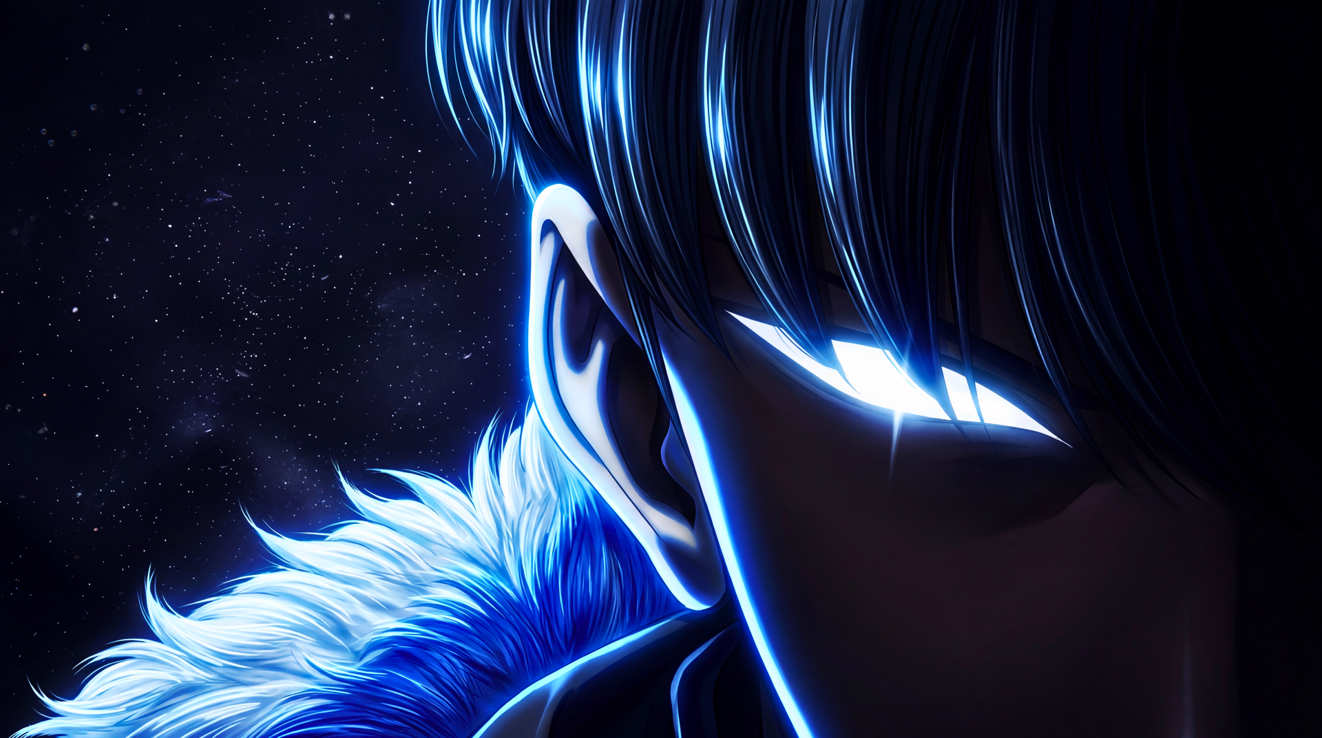 Sung Jin-Woo (Solo Leveling) anime close-up: glowing blue eyes, fur collar, drip aesthetic and crackling aura hinting at aura farming — 5K Ultra HD PC desktop wallpaper