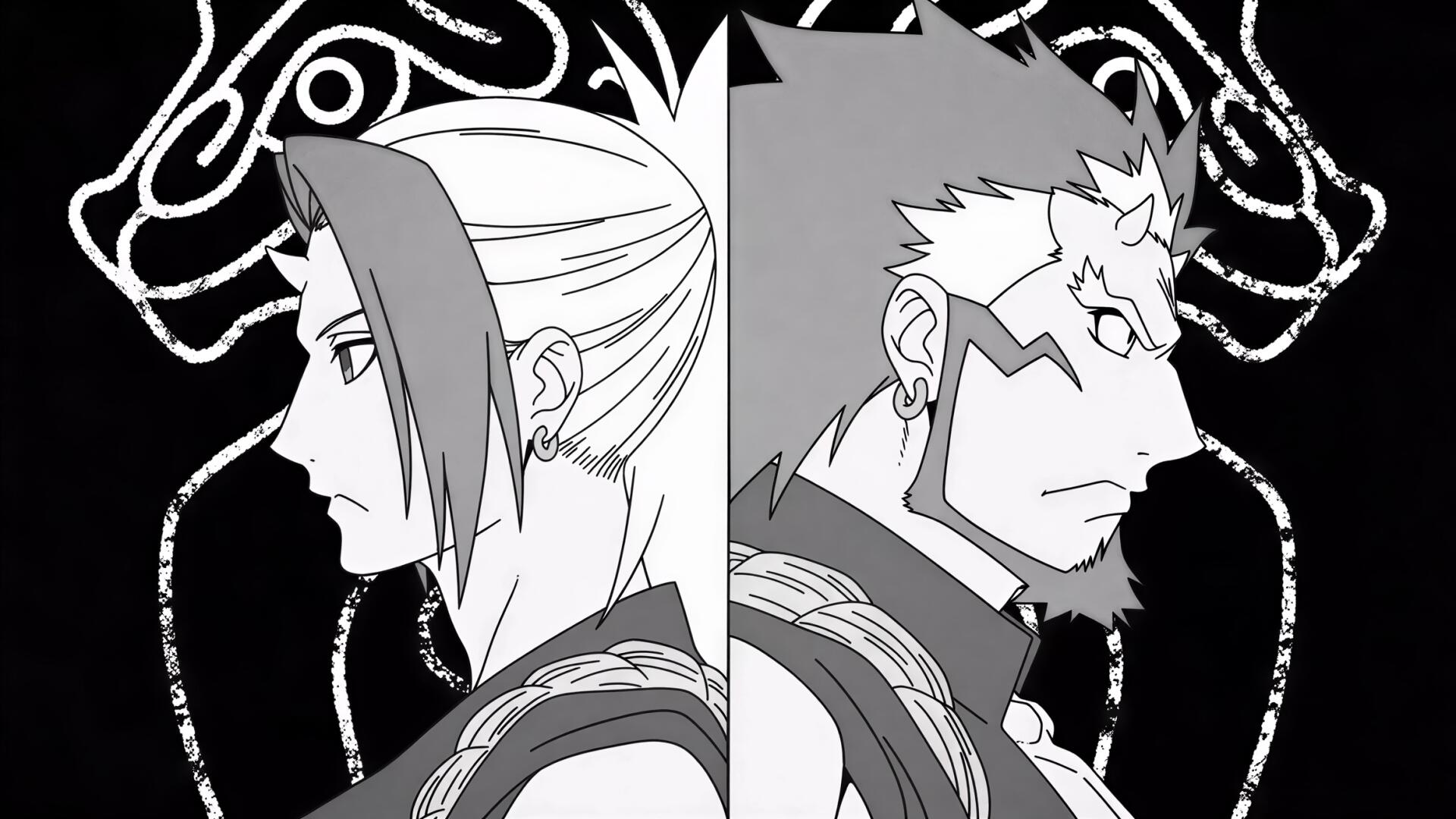 Black-and-white HD anime desktop wallpaper: two Daemons of the Shadow Realm shown in split profile, facing away with bold, stylized dark background patterns.