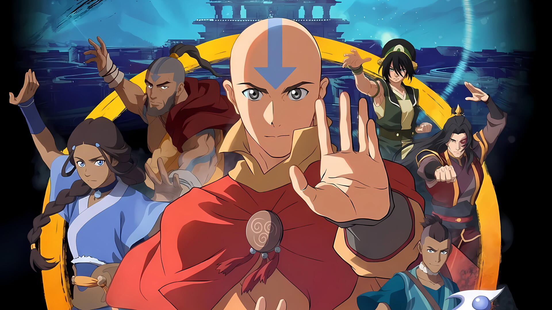 Avatar: The Last Airbender 4K Ultra HD PC desktop wallpaper and background — Aang centers with arrow tattoo raised, surrounded by Katara, Sokka, Toph and team in a vibrant blue scene.