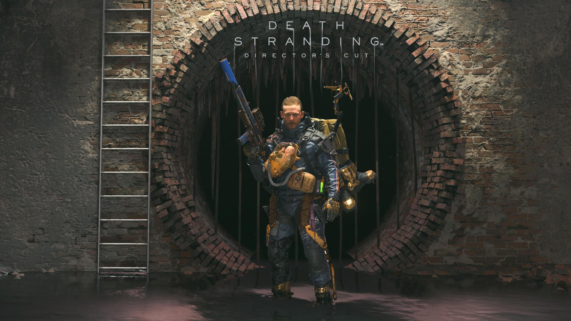 Death Stranding video game 4K Ultra HD PC desktop wallpaper: armored porter carrying a BB pod and gear stands before a circular sewer grate.