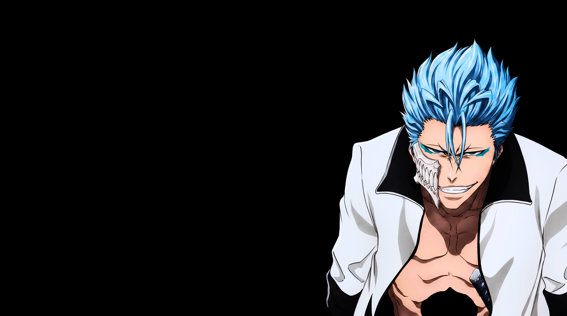 Bleach wallpaper: Grimmjow Jaegerjaquez (Arrancar) smirking, blue hair and jaw mask fragment, open white jacket against black — 5K Ultra HD PC desktop background.
