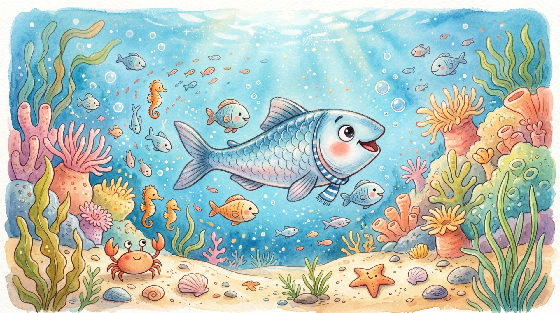 5K Ultra HD PC desktop wallpaper of a smiling sardine swimming among colorful reef fish, coral, starfish and a crab beneath sunlit blue water.