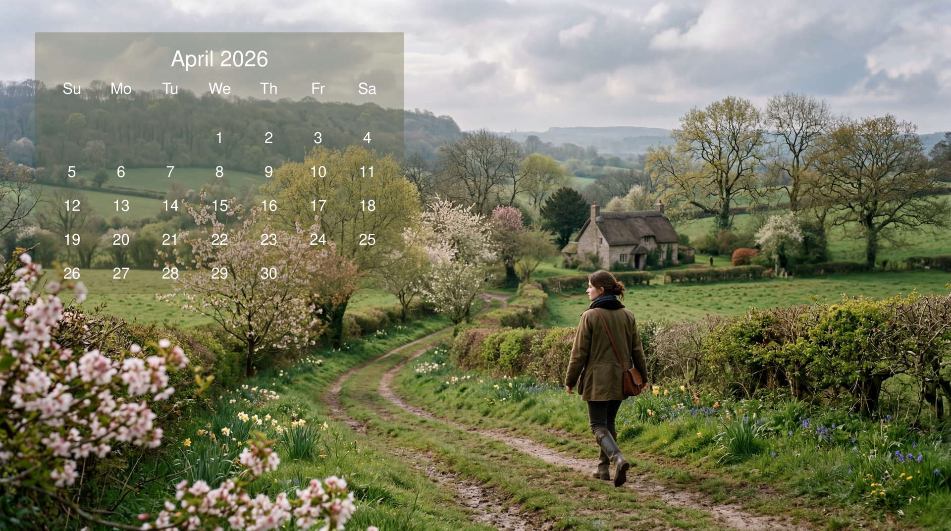April 2026 Calendar on a 5K Ultra HD PC Desktop Wallpaper and Background: lone person walks a green country lane amid spring blossoms, hedgerows and stone cottages under a cloudy sky.