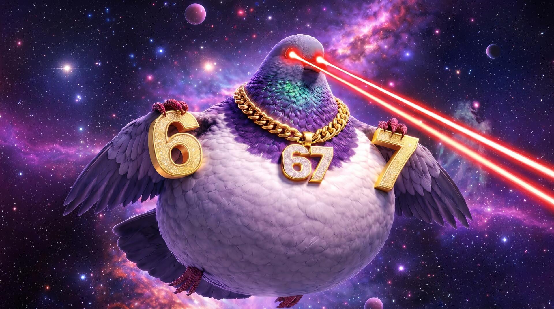 Funny Italian Brainrot 2K Quad HD desktop wallpaper: rotund pigeon with gold 6, 67, 7 chains firing red laser beams against a cosmic space background.