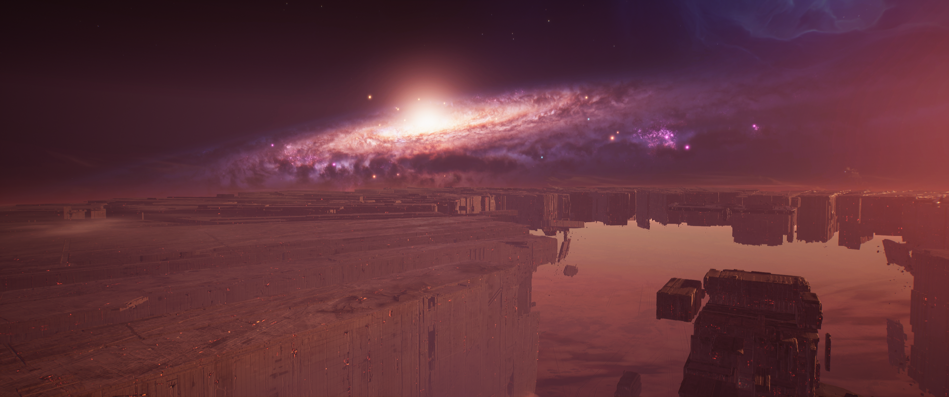 Homeworld video game 2K Quad HD PC desktop wallpaper, purple alien canyon with reflective water beneath a glowing spiral galaxy in space.