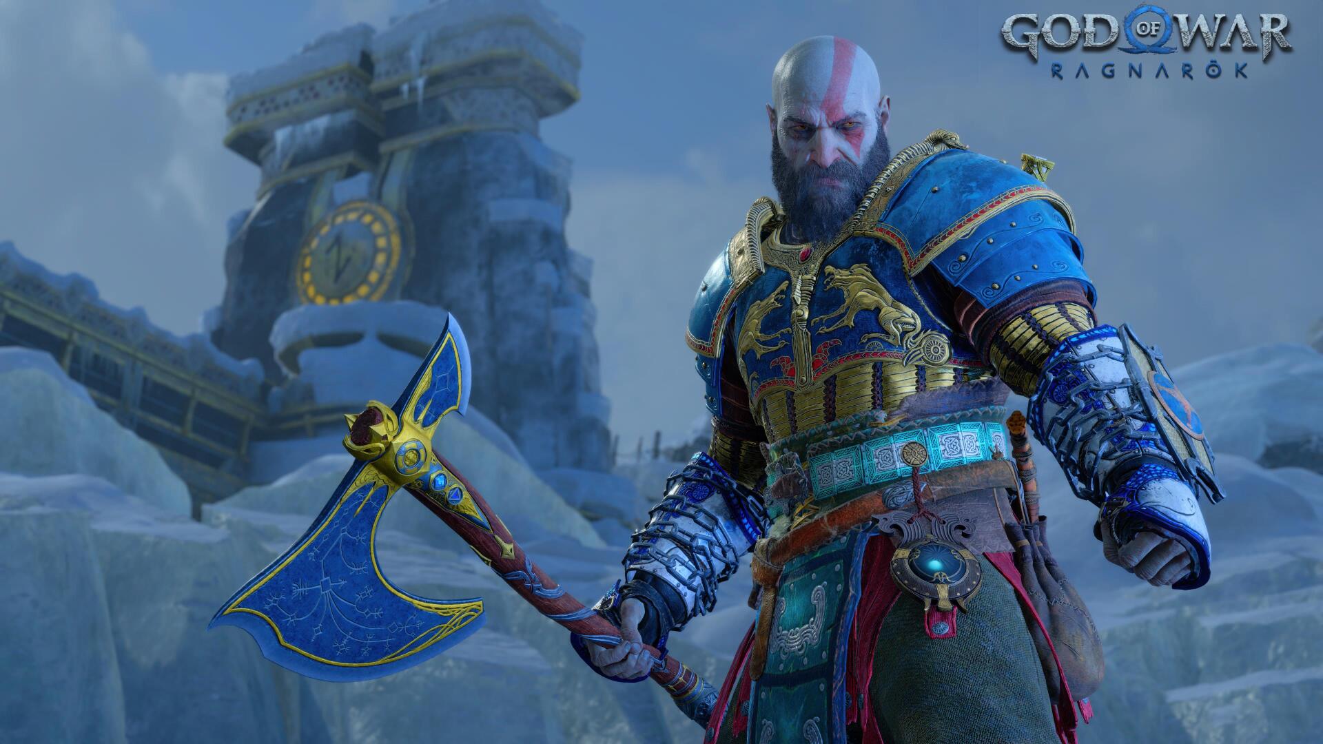 Kratos from the video game God of War: Ragnarök in blue-gold armor wielding the Leviathan Axe amid icy ruins — 4K Ultra HD PC desktop wallpaper/background