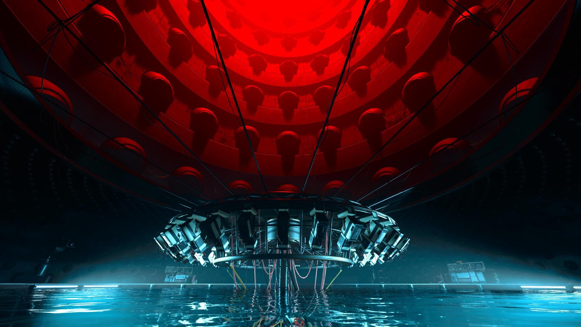 Call of Duty: Black Ops 6 4K Ultra HD PC desktop wallpaper — dark futuristic chamber with teal-lit machinery and cables reflected on a wet floor beneath a glowing red domed ceiling.