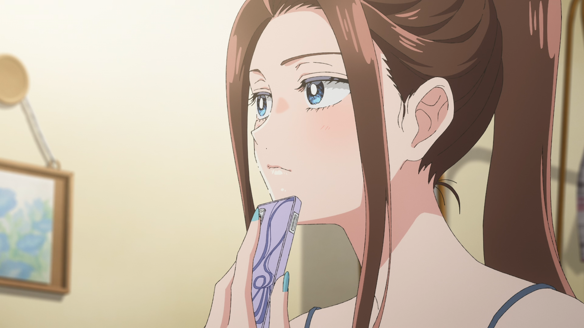 Kei Amane from Gals Can't Be Kind to Otaku!? — close-up anime portrait holding a phone to her chin, pensive expression, warm lighting; HD PC desktop wallpaper background.