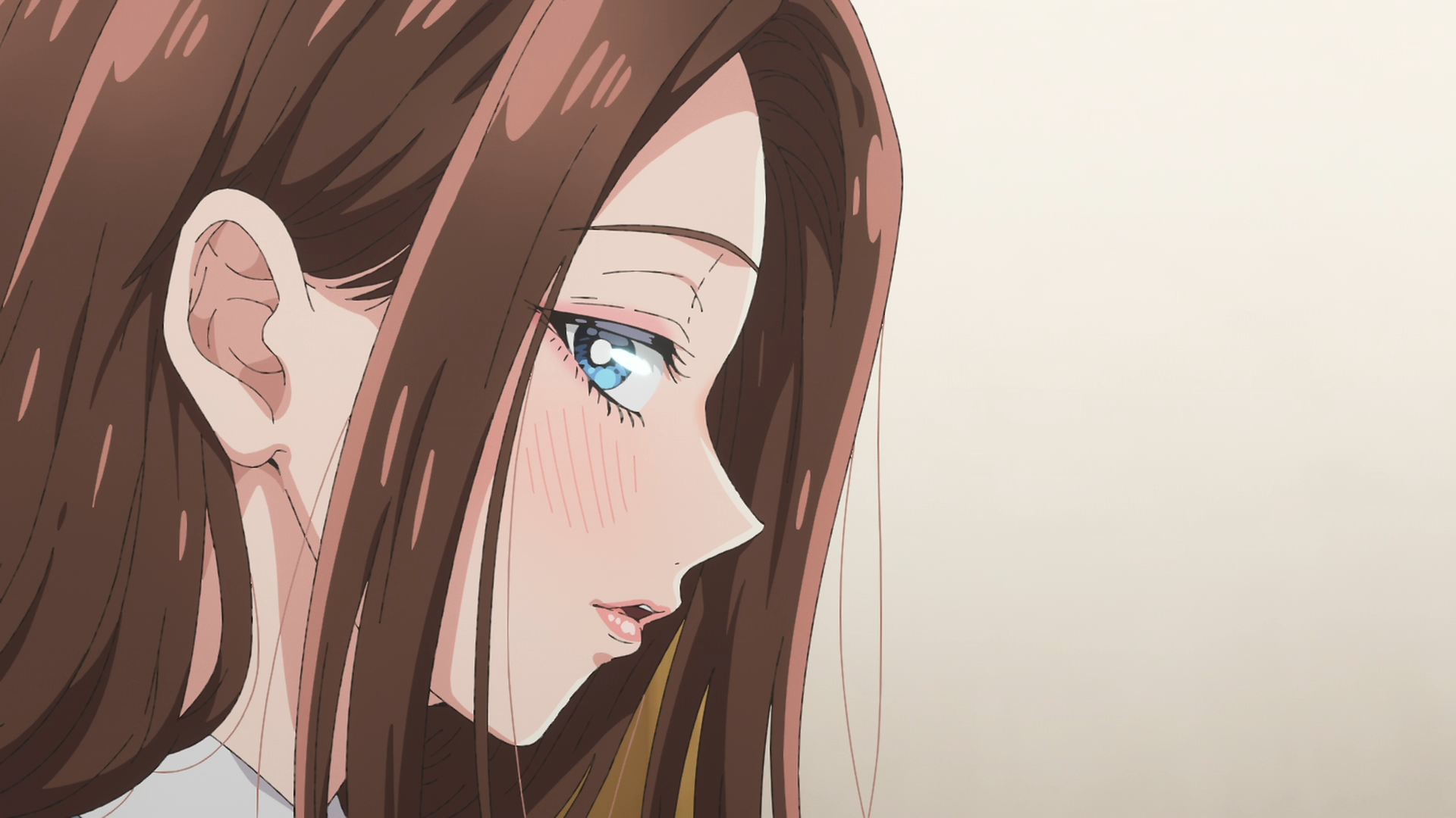 Side-profile of Kei Amane from Gals Can't Be Kind to Otaku!? — anime HD PC wallpaper of a blushing, brown-haired girl with blue eyes against a soft beige background.