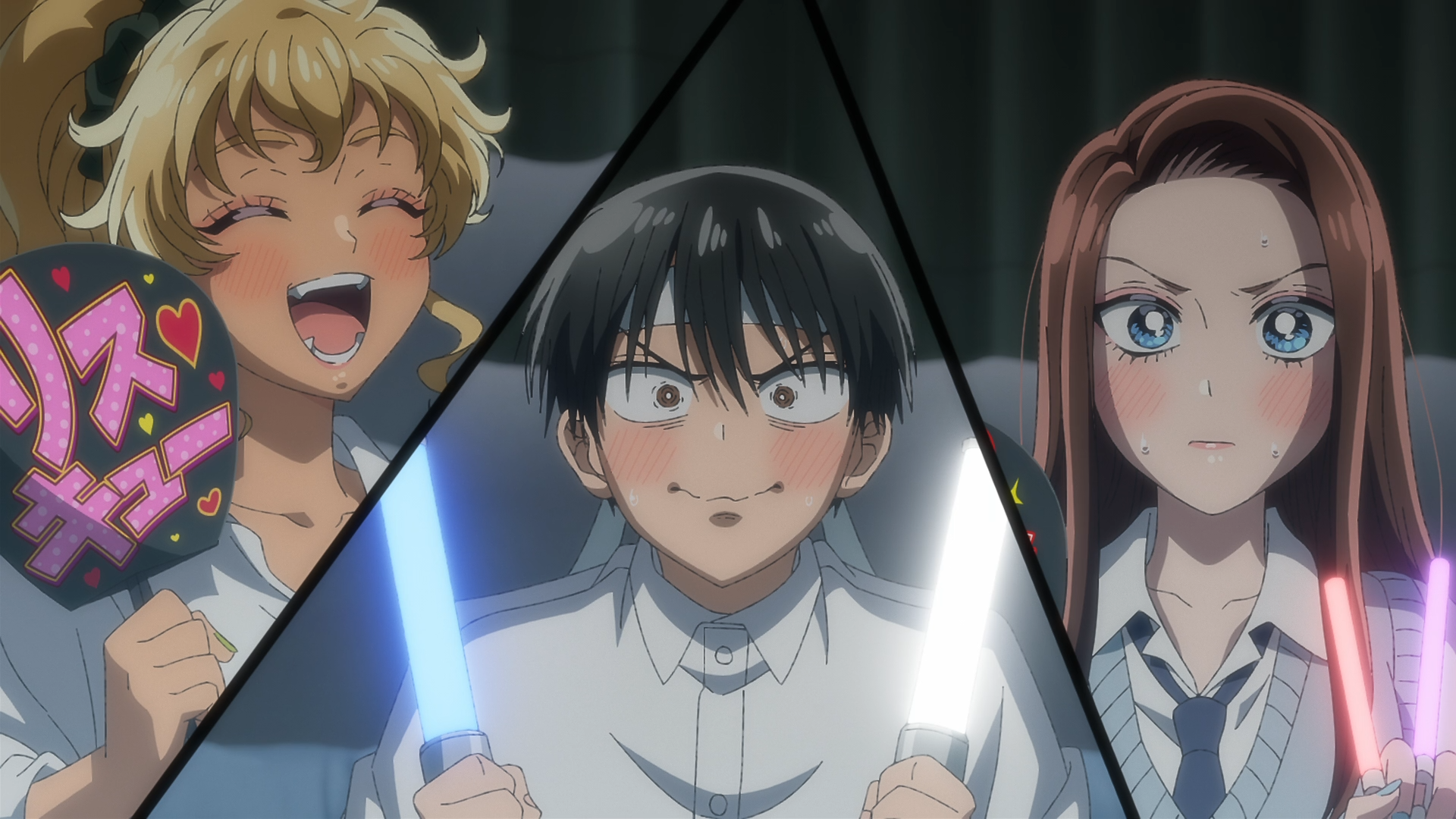 HD PC wallpaper of anime Gals Can't Be Kind to Otaku!? featuring Kotoko Ijichi, Kei Amane and Takuya Seo in a triangular split with glowing light sticks and lively expressions.