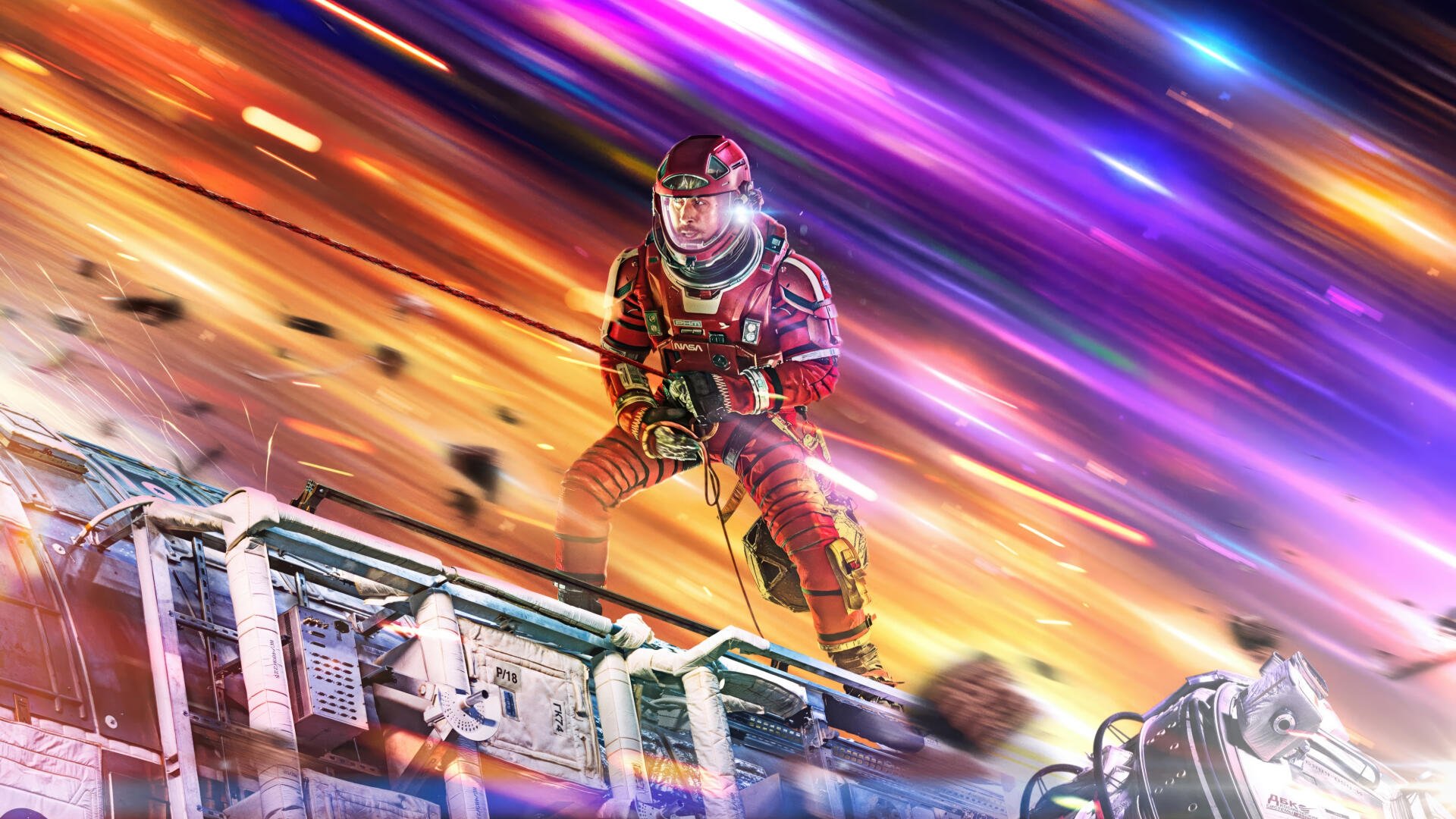 Project Hail Mary 4K Ultra HD PC desktop wallpaper: red-suited astronaut on a damaged spacecraft railing amid vivid, multicolored cosmic streaks.