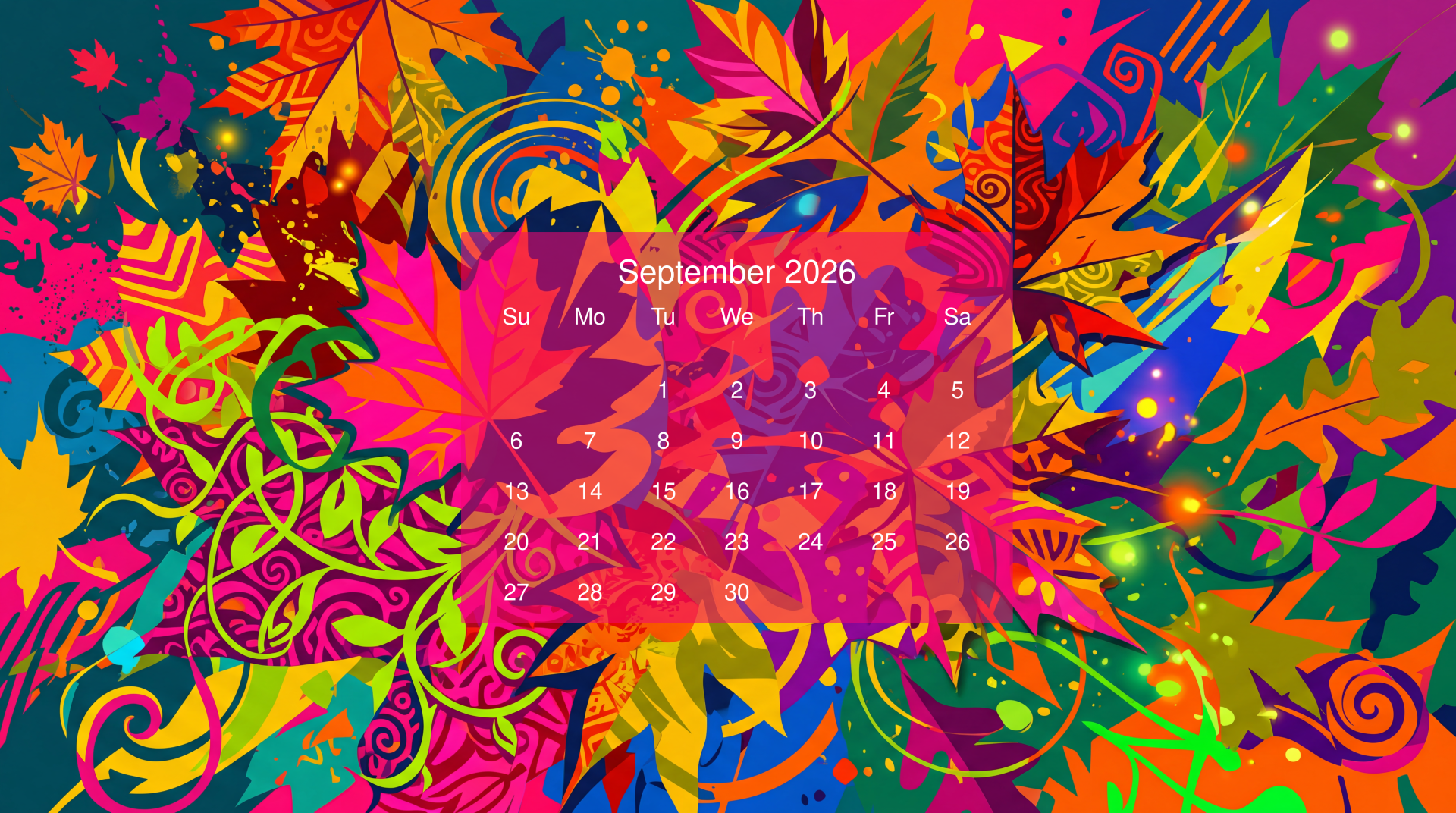 Vibrant autumn leaves and abstract swirls with a centered September 2026 calendar overlay, 5K Ultra HD PC desktop wallpaper/background.