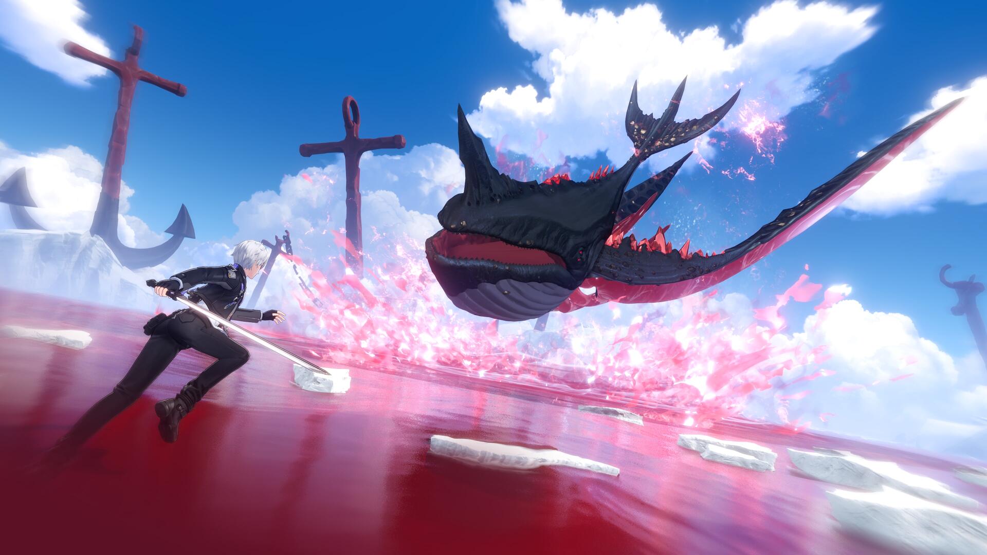 Dynamic 4K Ultra HD PC wallpaper and background from mobile game Neverness to Everness: lone swordsman faces a soaring, blossom-adorned whale above a reflective red sea dotted with crosses