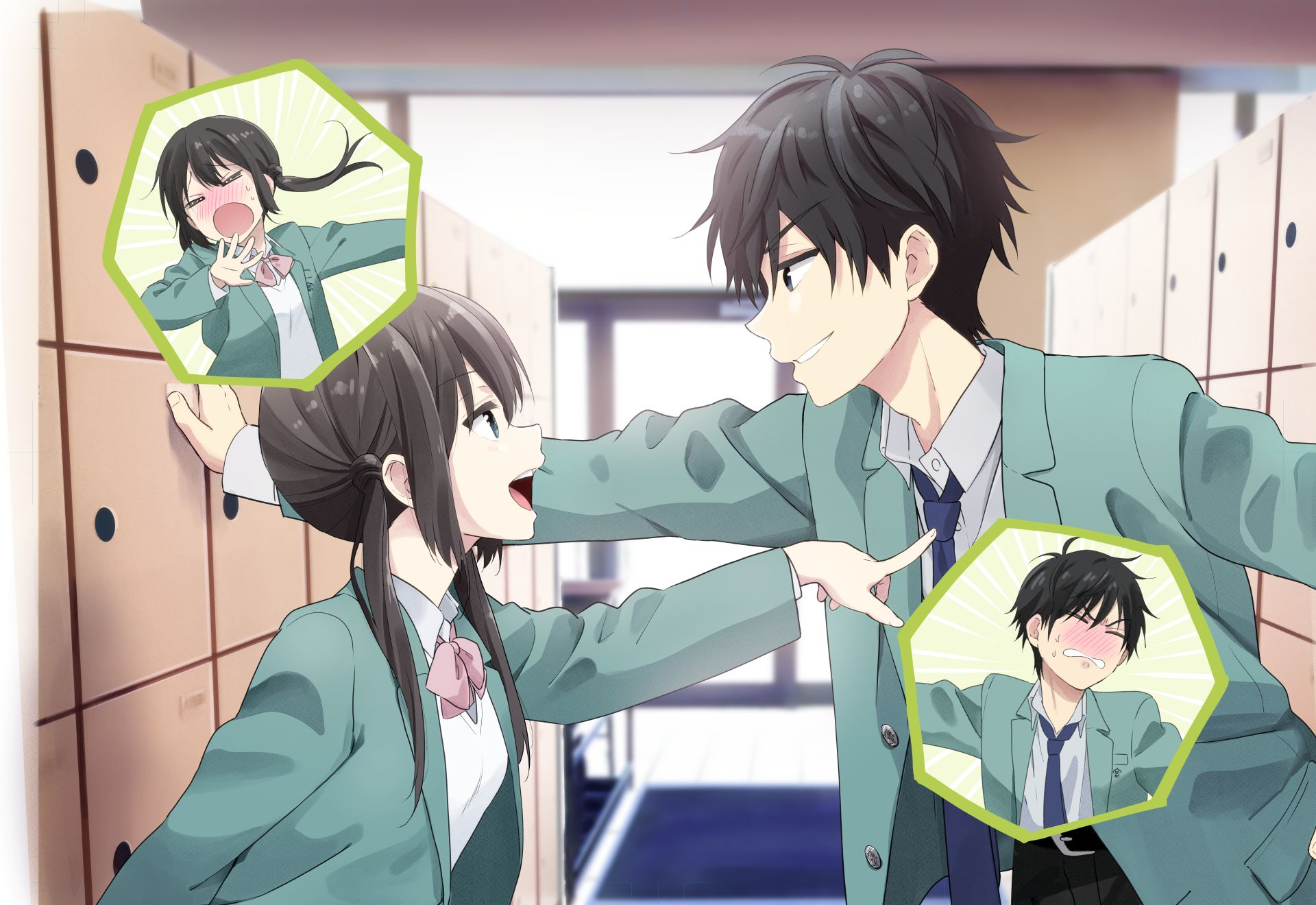 HD PC desktop wallpaper: anime I Want to End this Love Game — Yukiya Asagi and Miku Sakura in school uniforms, playful hallway confrontation with small inset reaction panels.