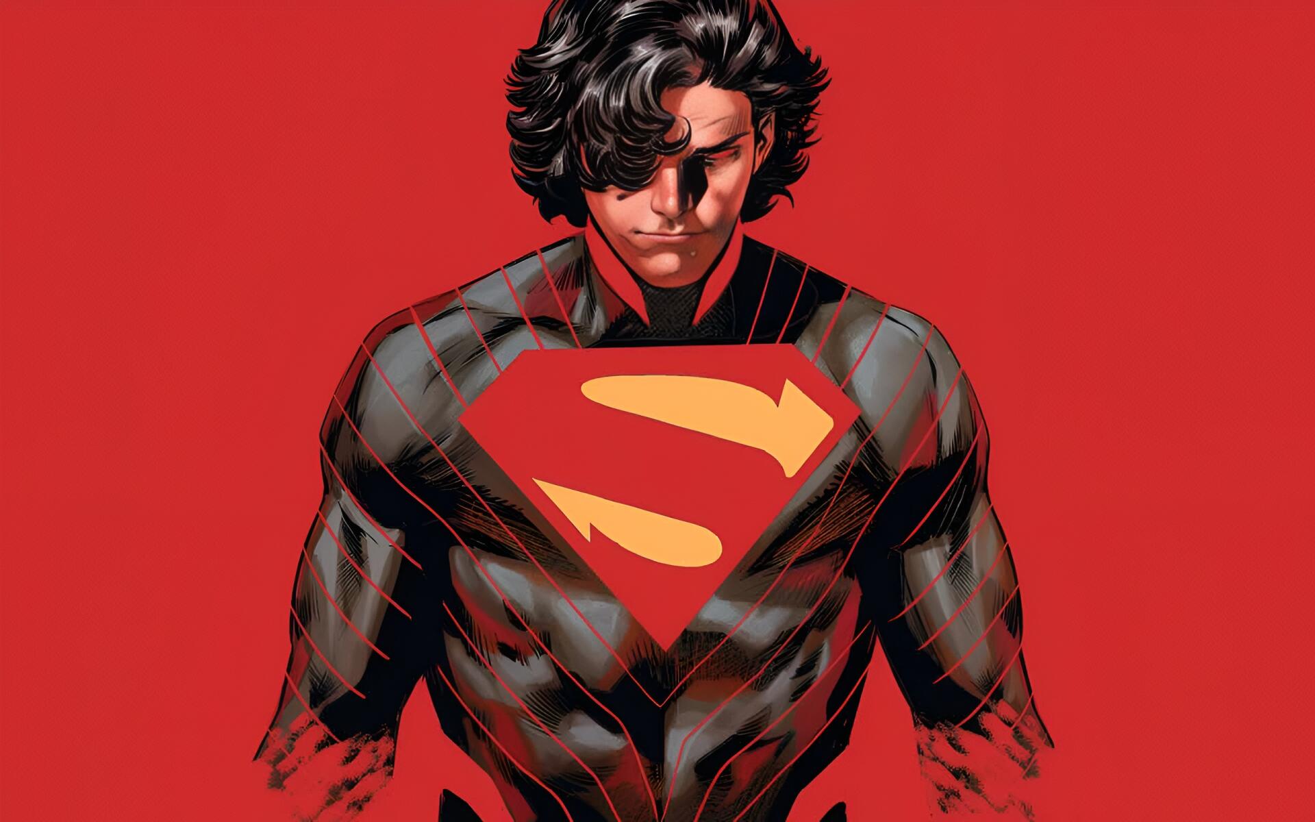 Absolute Superman comic-style portrait: brooding red-background superhero in black suit with red S emblem — 2K Quad HD PC desktop wallpaper/background.