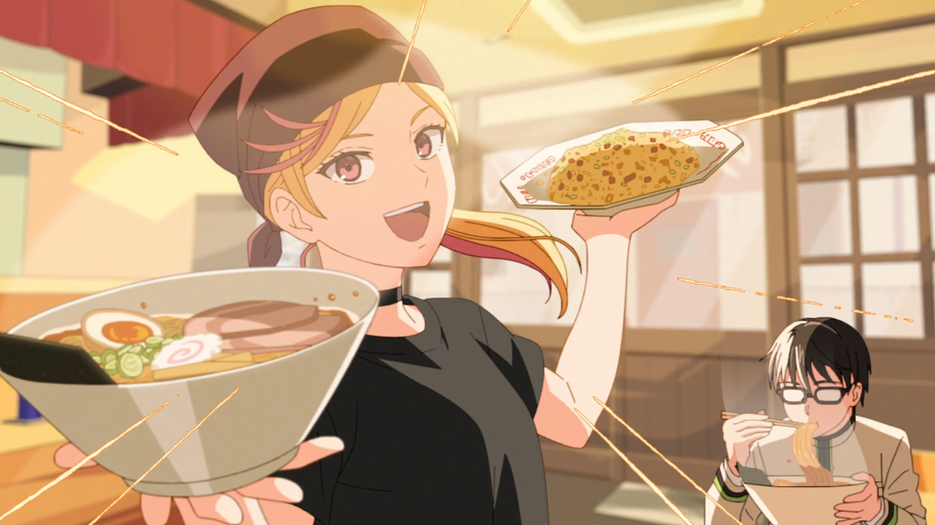 Anime HD PC desktop wallpaper/background of KILL BLUE: Noren Mitsuoka cheerfully presenting bowls of ramen and curry while Juuzou Ougami sips tea in a sunlit café.