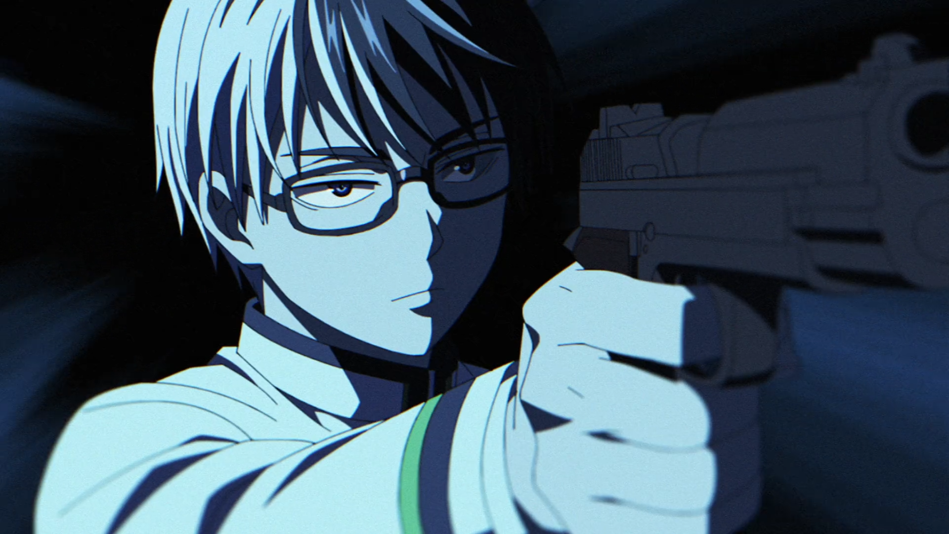 Anime HD PC desktop wallpaper/background: Juuzou Ougami from KILL BLUE, glasses on, intense blue-lit close-up aiming a handgun.