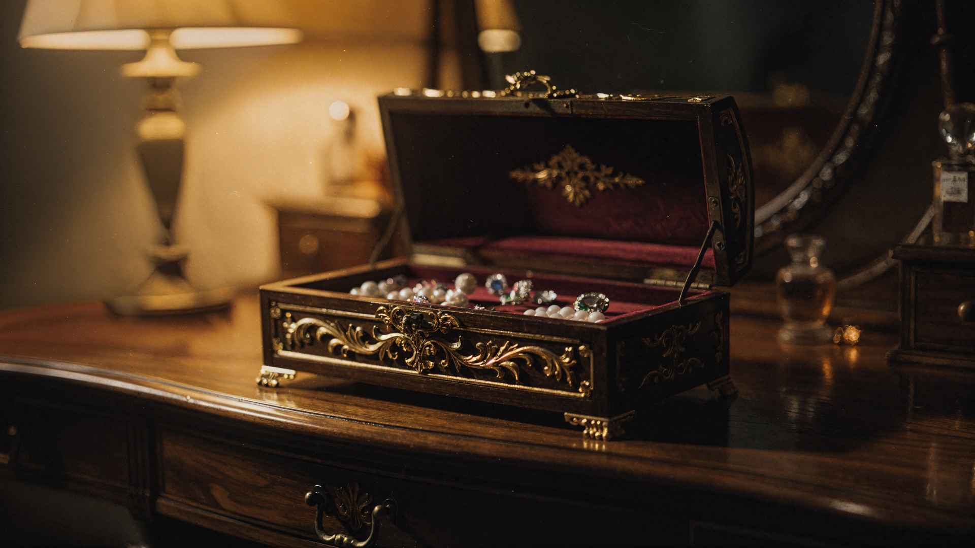 Ornate open jewelry box on a polished wooden dressing table, velvet-lined with rings and necklaces, 4K Ultra HD PC desktop wallpaper and background.