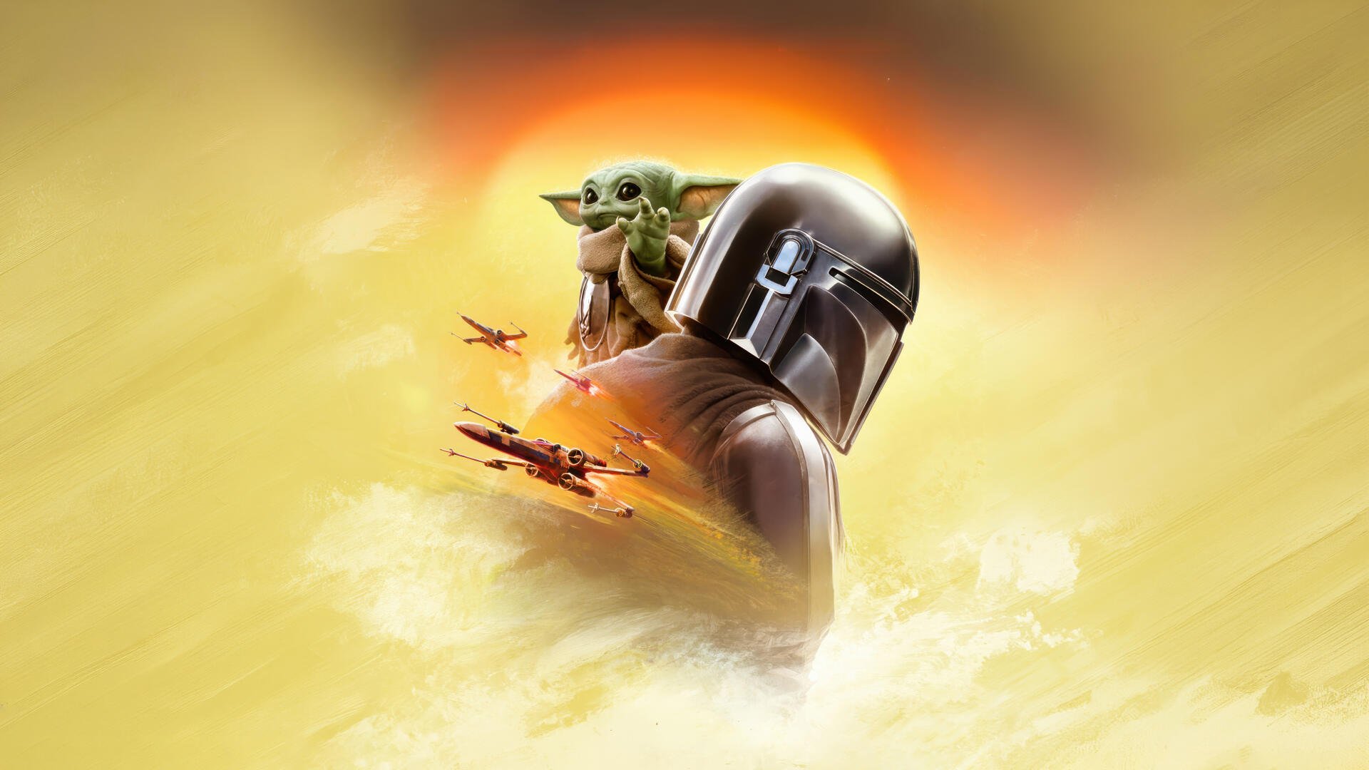 The Mandalorian with Grogu perched on his shoulder against a golden sky and starfighters, 5K Ultra HD PC desktop wallpaper background.