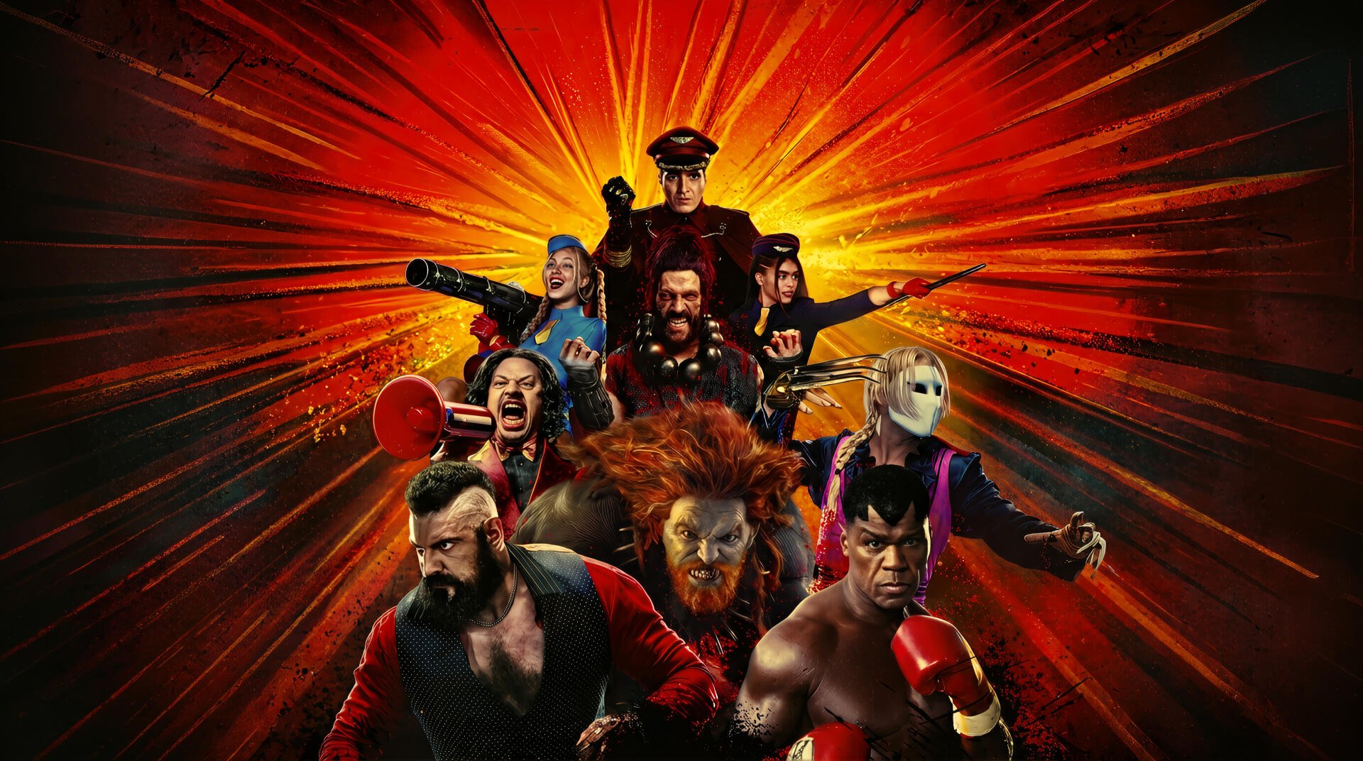 Street Fighter (2026) 2K Quad HD PC desktop wallpaper and background — red-orange burst framing a lineup of fighters in intense action poses.