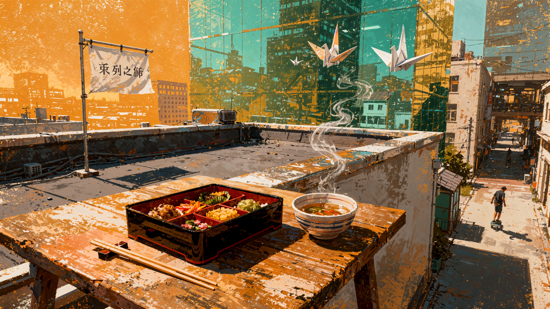 4K Ultra HD PC desktop wallpaper and background: rooftop lunch with bento and steaming soup on a weathered table, paper cranes drifting over a sunlit city skyline.