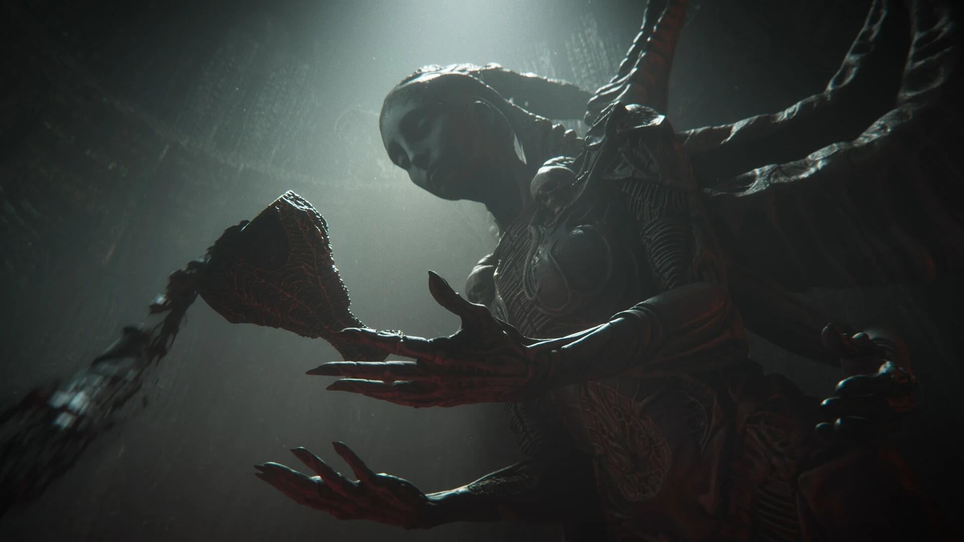 HD PC desktop wallpaper/background from the video game Tainted Grail: The Fall of Avalon — a shadowy, twisted humanoid with long tendrils reaching toward a floating, broken chalice