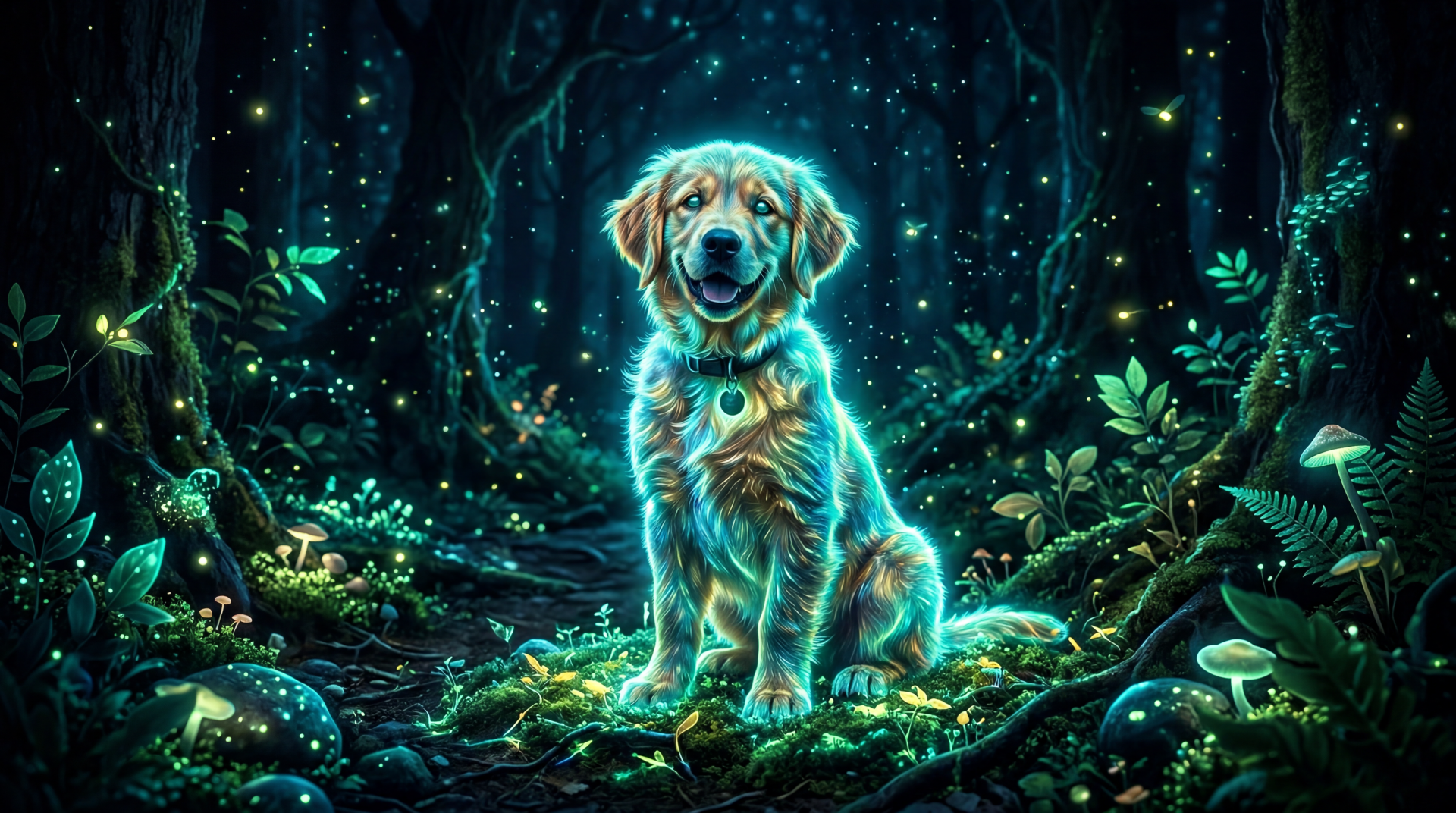 5K Ultra HD PC desktop wallpaper: a pet golden retriever glowing with bioluminescence, sitting in an enchanted forest surrounded by fireflies.