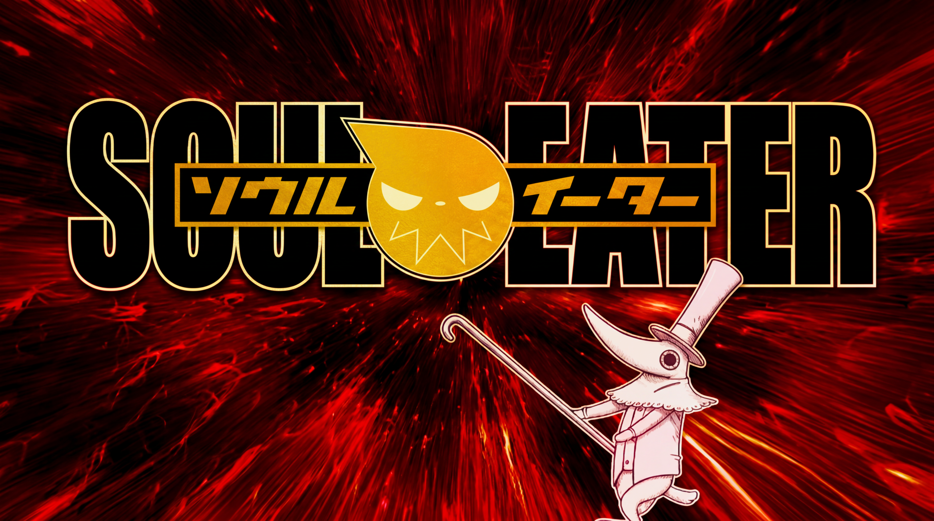 Soul Eater anime 5K Ultra HD PC wallpaper: Excalibur with top hat and cane against a fiery red vortex, bold Soul Eater logo and grinning moon emblem.