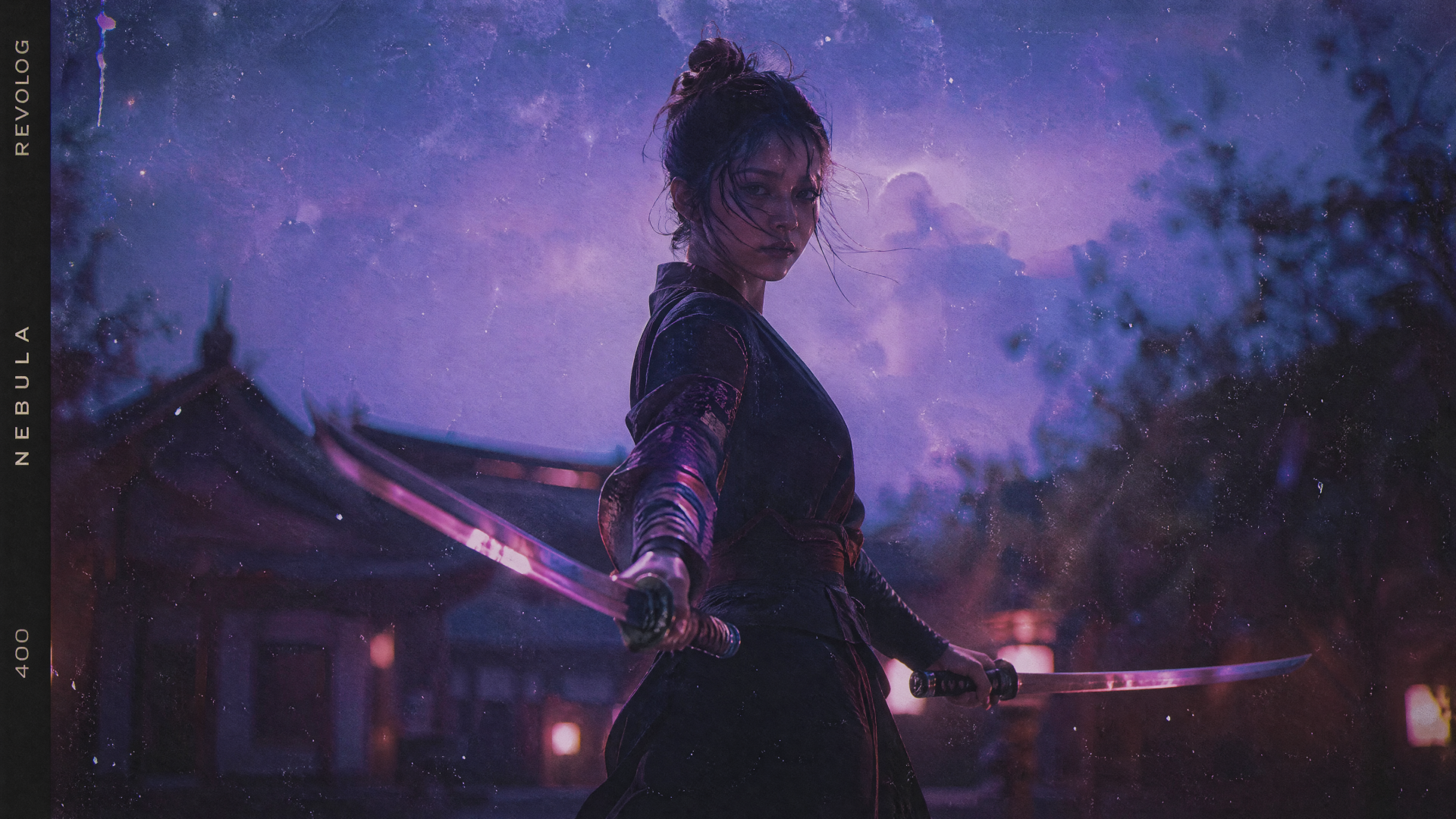 4K Ultra HD PC desktop wallpaper of a lone warrior at dusk wielding dual swords, silhouetted against a purple sky and lantern-lit temple rooftops.
