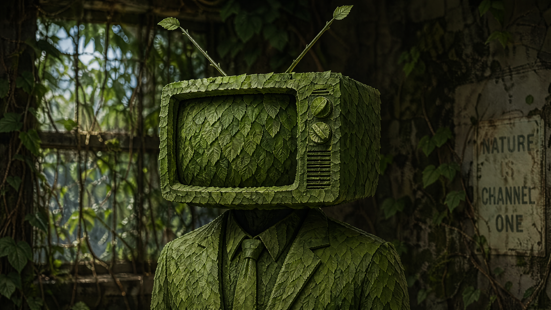 4K Ultra HD PC desktop wallpaper: humanoid in suit with TV head made of layered green leaves, standing in an overgrown, vine-filled room.