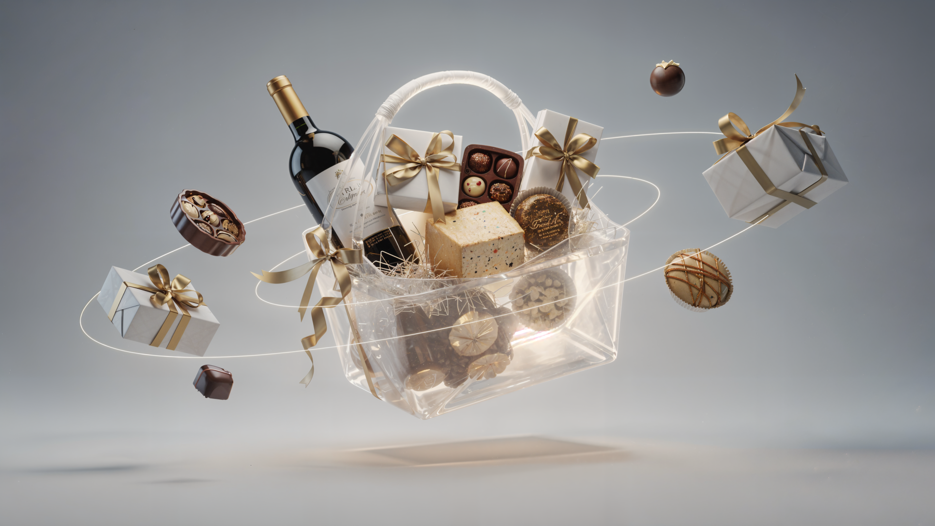 4K Ultra HD PC desktop wallpaper: transparent floating gift basket with a wine bottle, wrapped presents, chocolates and ornaments against a soft gray background.