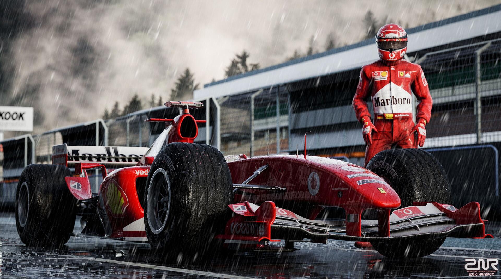 2K Quad HD desktop wallpaper: Ferrari F1 car in heavy rain on the pit lane, a driver in red racing suit and helmet standing beside the wet, water-splashed track.