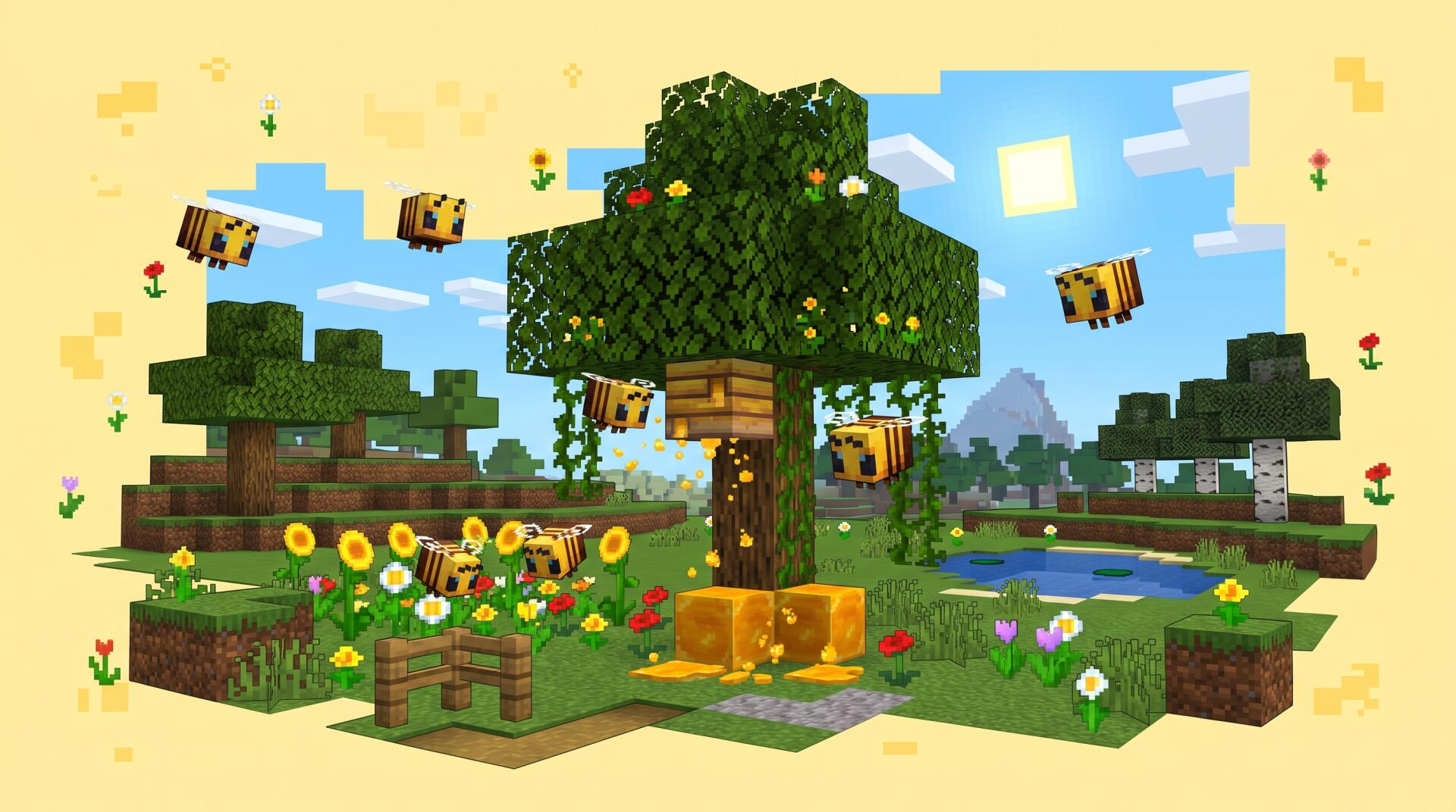 Minecraft video game 2K Quad HD PC desktop wallpaper and background: sunlit blocky island with a central tree, bees around honey blocks, colorful flowers and a small pond.