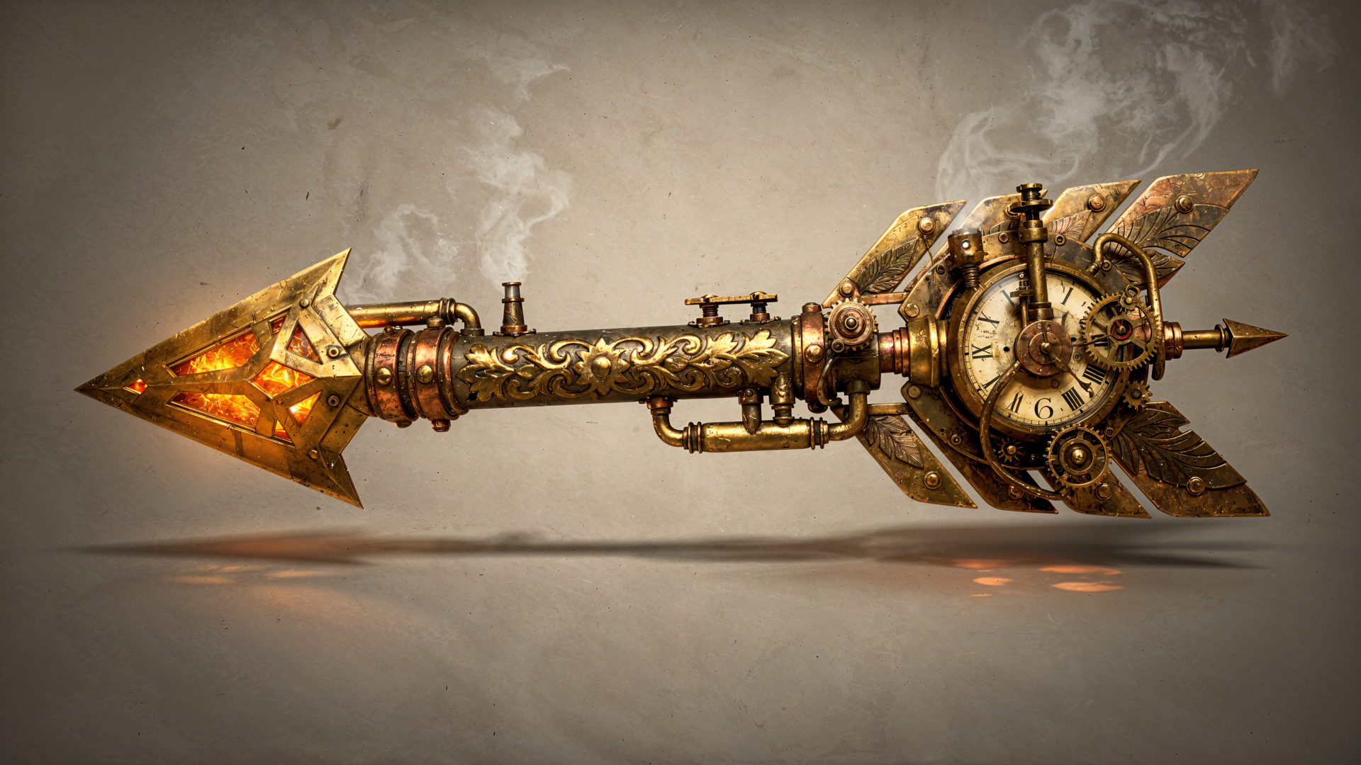 Ornate steampunk arrow with brass gears, glowing crystal tip and engraved shaft — 4K Ultra HD PC desktop wallpaper/background.