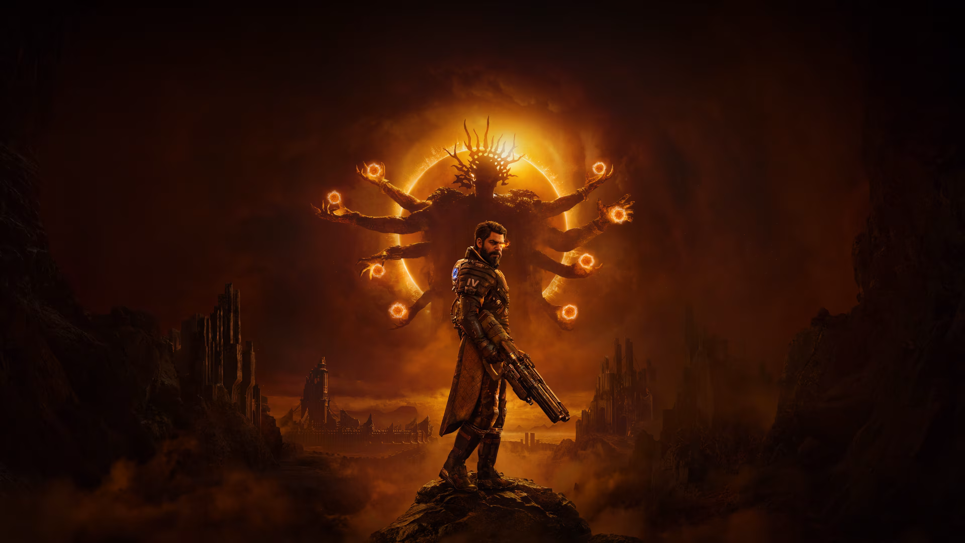 4K Ultra HD Futuristic Gaming PC wallpaper: armored soldier with rifle on rocky outcrop before a glowing multi-armed Saros halo, orange sci‑fi landscape and ruined structures.