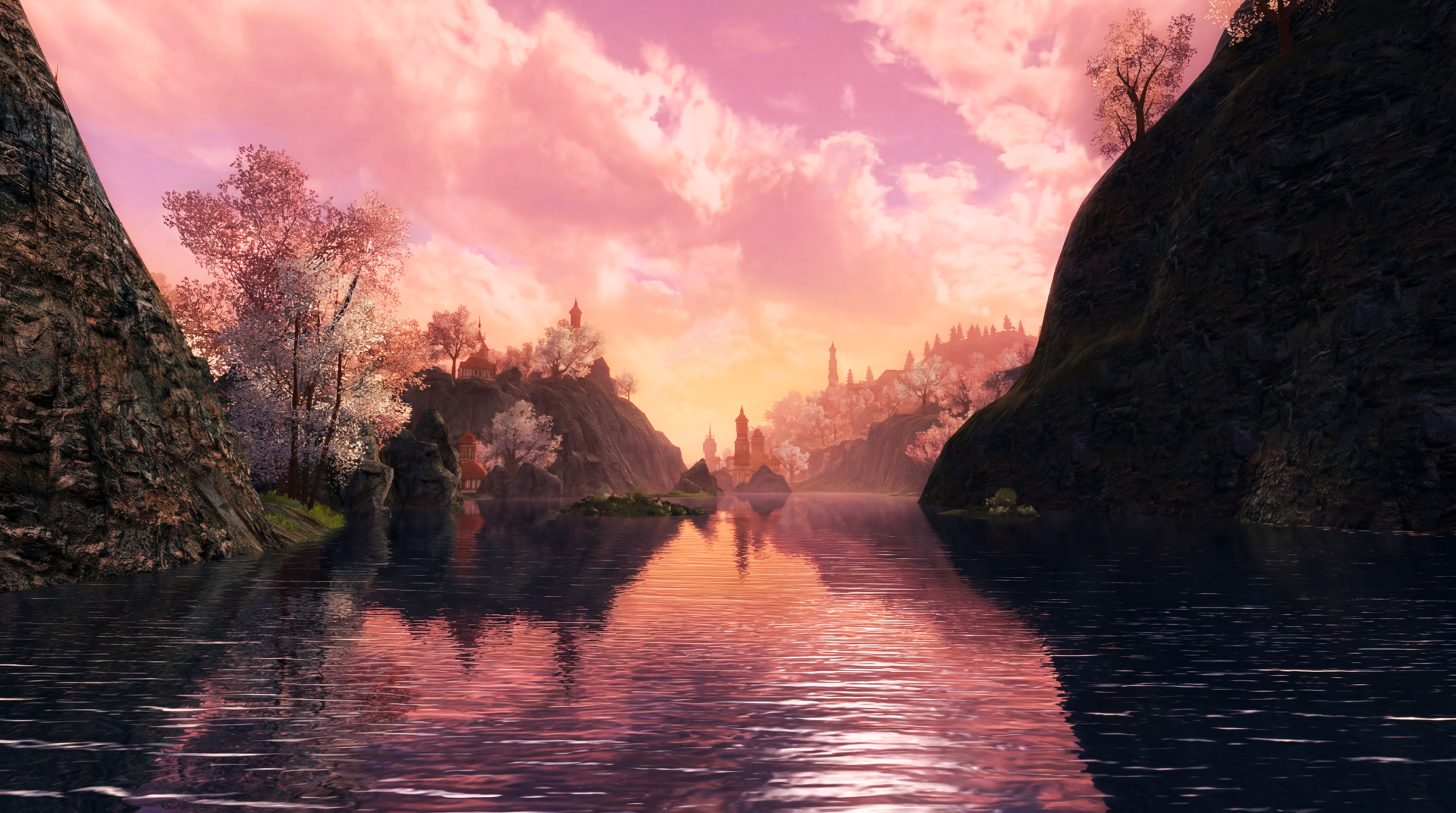 Lord of the Rings Online video game scenery — Eriador, Arnor. 5K Ultra HD PC desktop wallpaper: pink-orange sunset reflecting on a calm river between rocky hills and distant ruined towers.