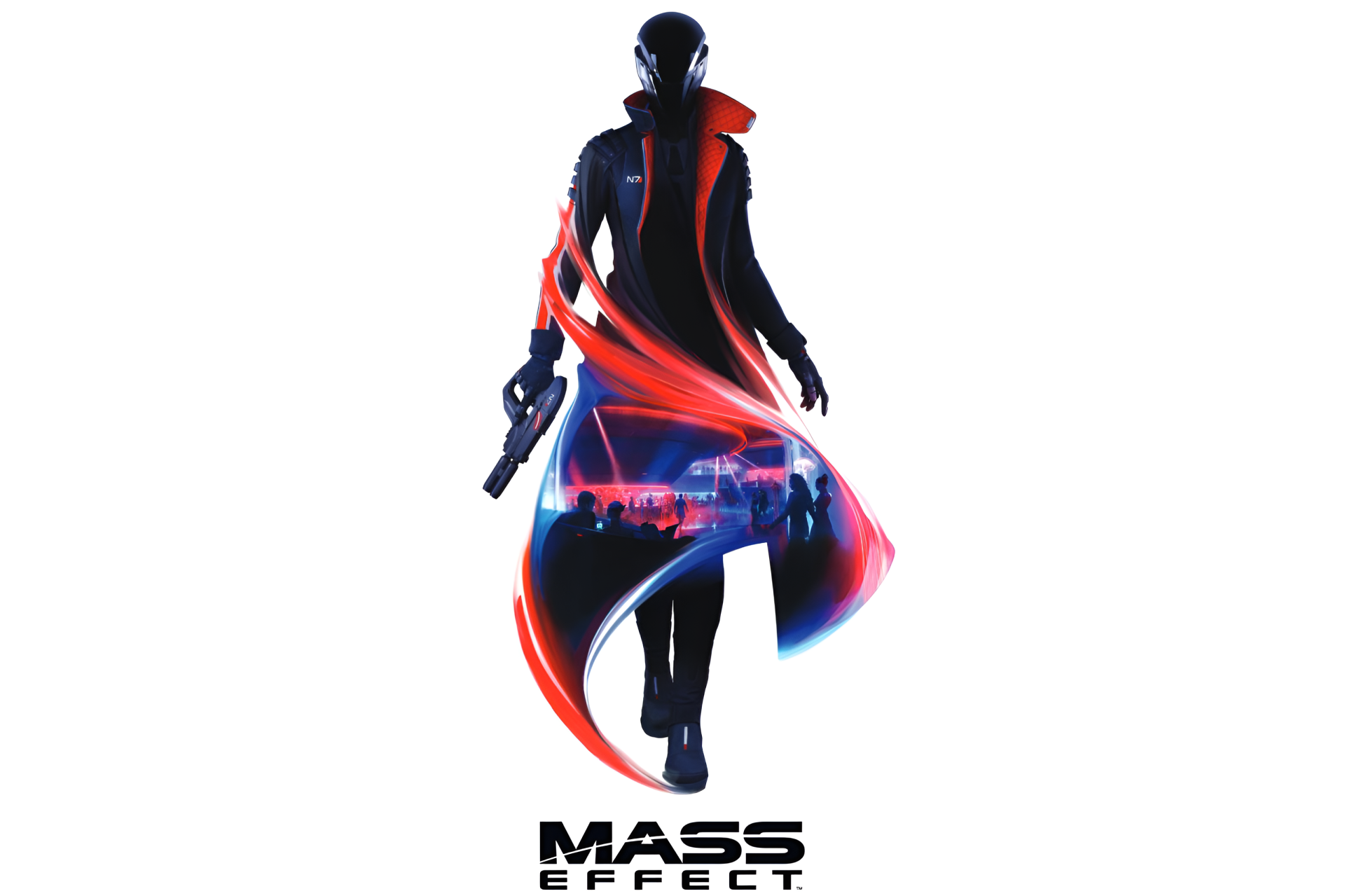 Mass Effect 5 2K Quad HD PC desktop wallpaper: silhouetted figure in a long coat with glowing red ribbons and pistol, cityscape reflected across the coat on a white background.