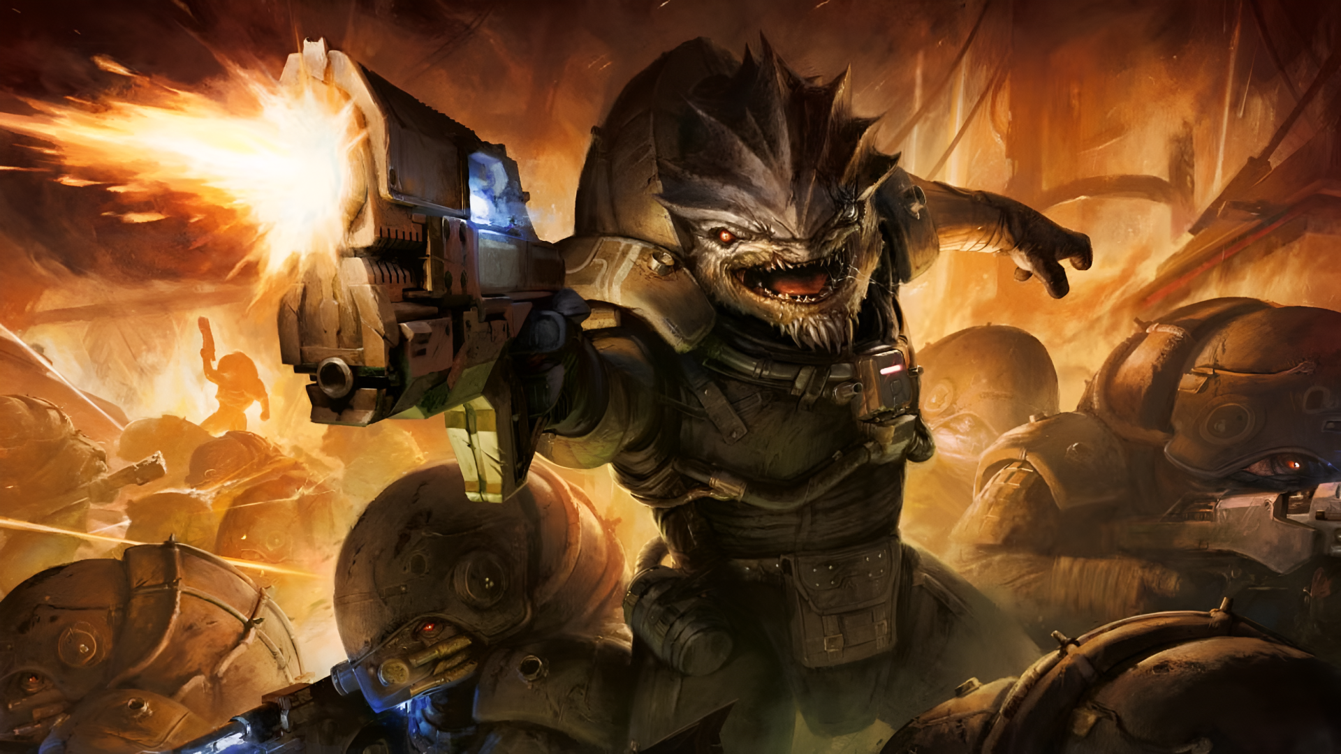 2K Quad HD PC desktop wallpaper and background: Mass Effect 5 video game scene of an armored alien monster firing a heavy gun amid explosions in intense alien battles.