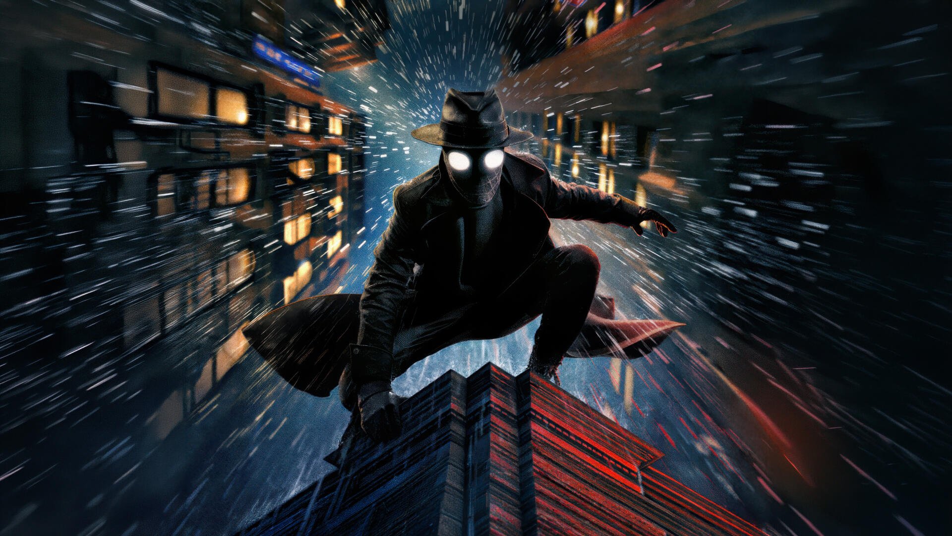 Spider-Man Noir (2026) TV show superhero crouches in a trenchcoat on a rain-slick rooftop above a neon noir city — 5K Ultra HD PC desktop wallpaper/background.